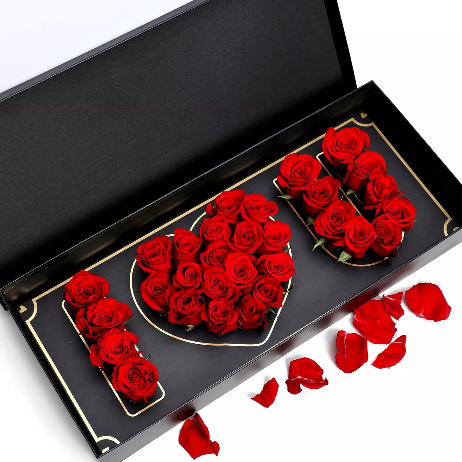 I Love You Rose Box - THE BOX IS EITHER PINK OR WHITE. (NO MORE BLACK)   Say ‘I love you’ with this timeless classic. The I love you rose arrangement includes 30 or more beautifully real roses. Wrapped in a solid black box, this luxurious rose box is perfect for expressing your love. Plus, you can add a personalized gift message along!  