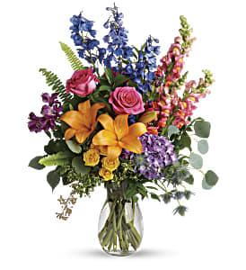 Colors of the Rainbow Bouquet - Color any occasion beautiful with this lovely bouquet of hydrangea, roses and lilies in all the colors of the rainbow. Flowers and colors may vary. (Designed at standard price point)