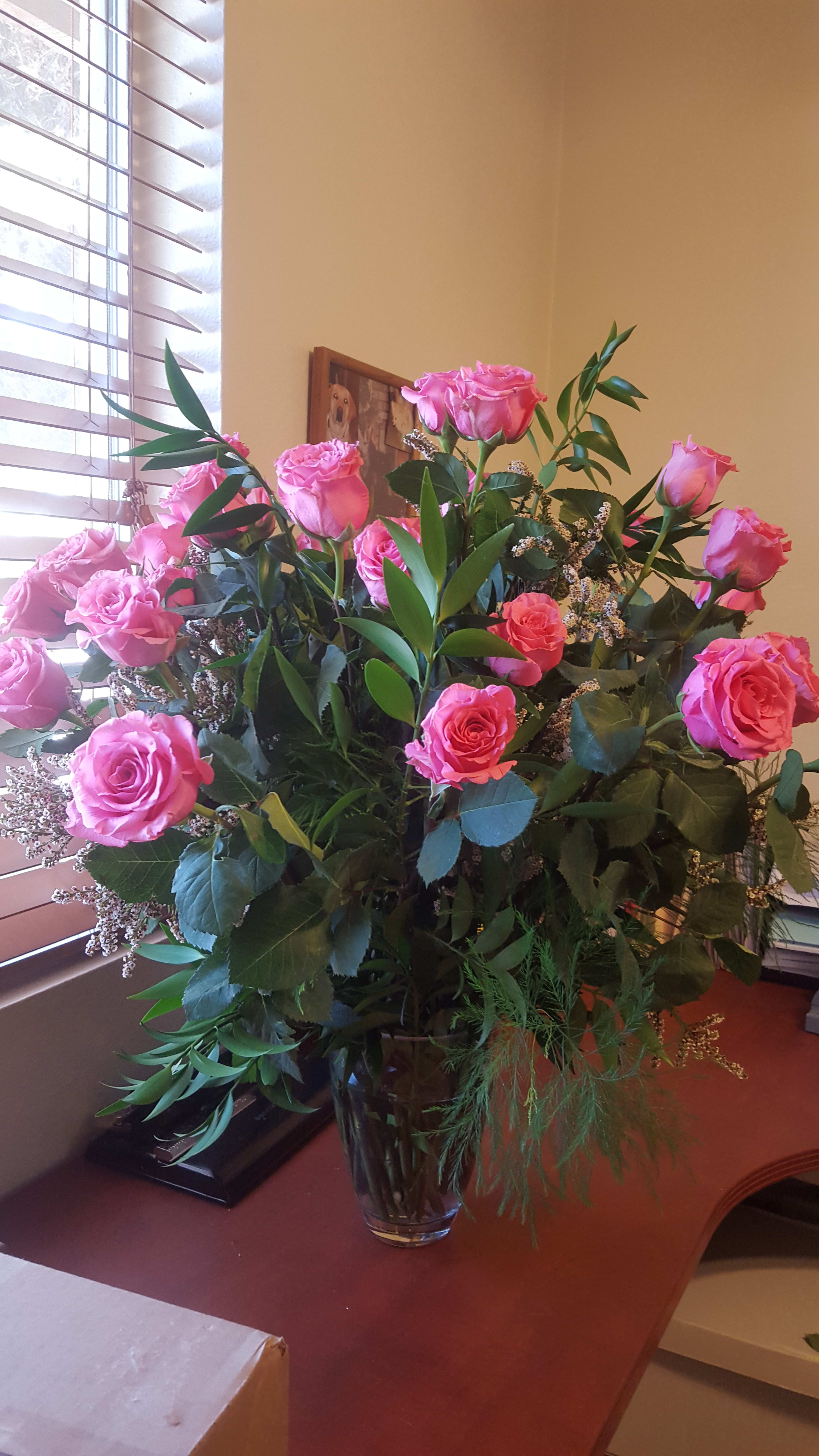 3 Dozen Pink Roses 3 Dozen Pink Roses - Gorgeous 70cm pink Ballet Roses arranged in a Crystal Vase