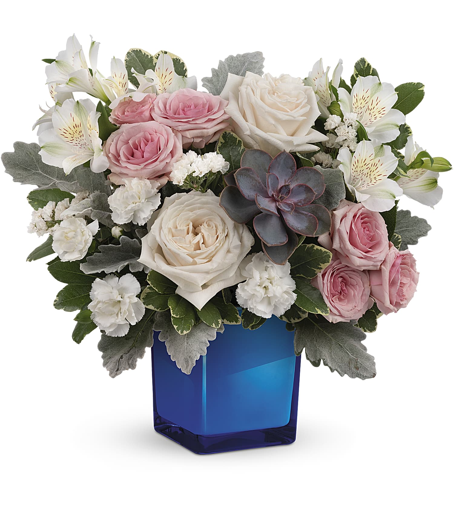 Enchanting Blue Bouquet by Teleflora Enchanting Blue Bouquet by Teleflora - Add enchantment to their everyday with creamy roses and moody greens, artfully presented in a comely cobalt glass cube that doubles as a candleholder!