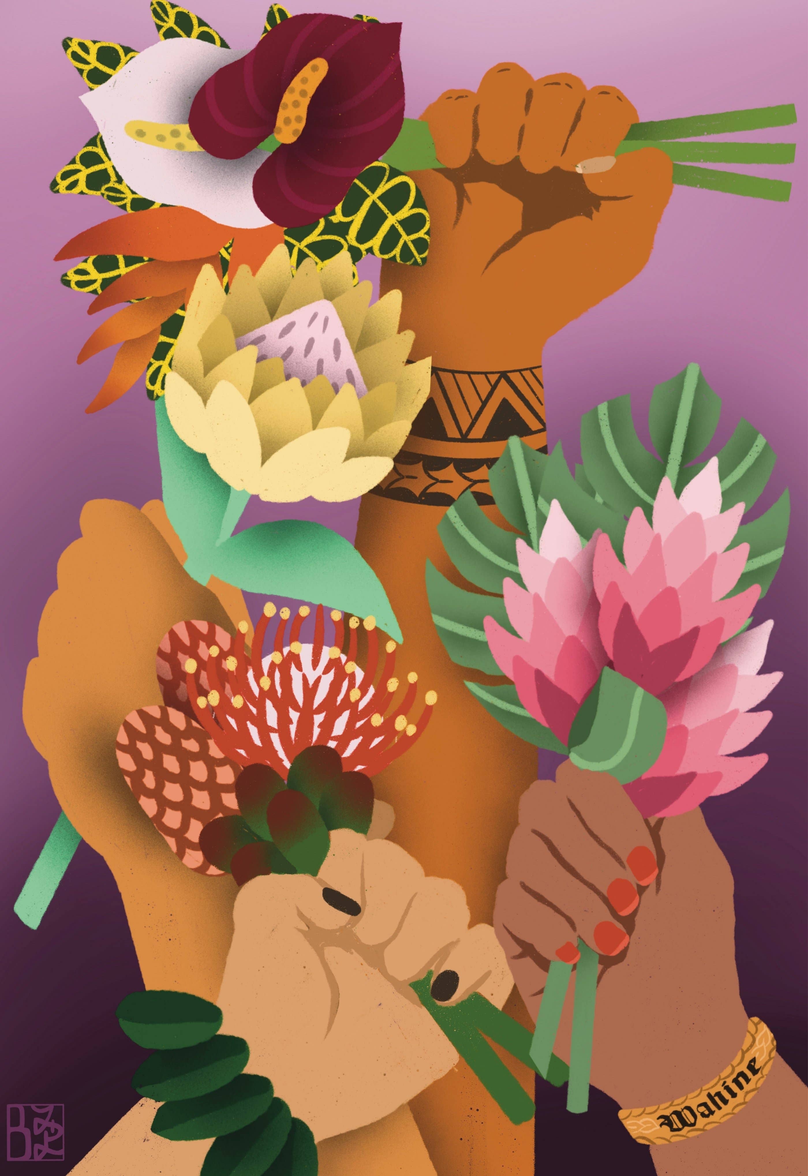 Blooming Together Puzzle - You grow girl. * Art by Bailey Onaga from Maui * 1000 pieces, 19.25 x 28 inches * Puzzle made of premium 100% recycled Eska board, printed with non-toxic inks and a matte finish * Eco-friendly packaging * $1 from every puzzle sold goes to marine conservation initiatives
