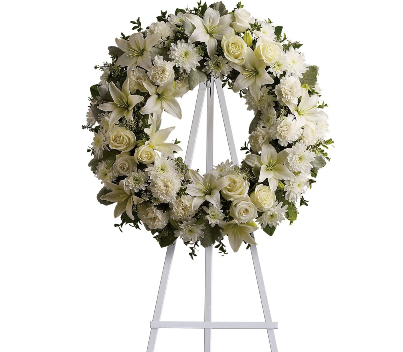 Serenity Wreath - A ring of fragrant, bright white blossoms will create a serene display at any funeral or wake. This classic wreath is delivered on an easel, and is a thoughtful expression of sympathy and admiration. 