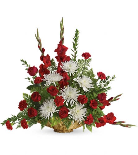Enduring Grace - Everyone mourning the loss of a loved one will be comforted by this lovely array of red roses red gladioli and white mums. A beautiful choice for the memorial service. The radiant bouquet includes red roses red gladioli red carnations and white spider chrysanthemums accented with assorted greenery. Delivered in a 14&quot; fireside basket.Approximately 36&quot; W x 31&quot; H Orientation: One-Sided As Shown : T261-1A