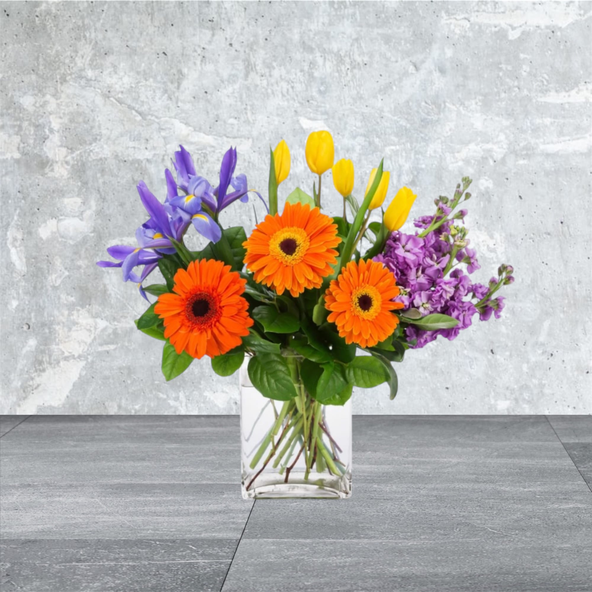 You Got It - Featuring daisies, tulips, iris, and stock this petite arrangement is a fun way to show you care. This is a great gift for a birthday, Boss's Day, or to say thank you.  Approximate Dimensions: 15&quot;D x 14&quot;H