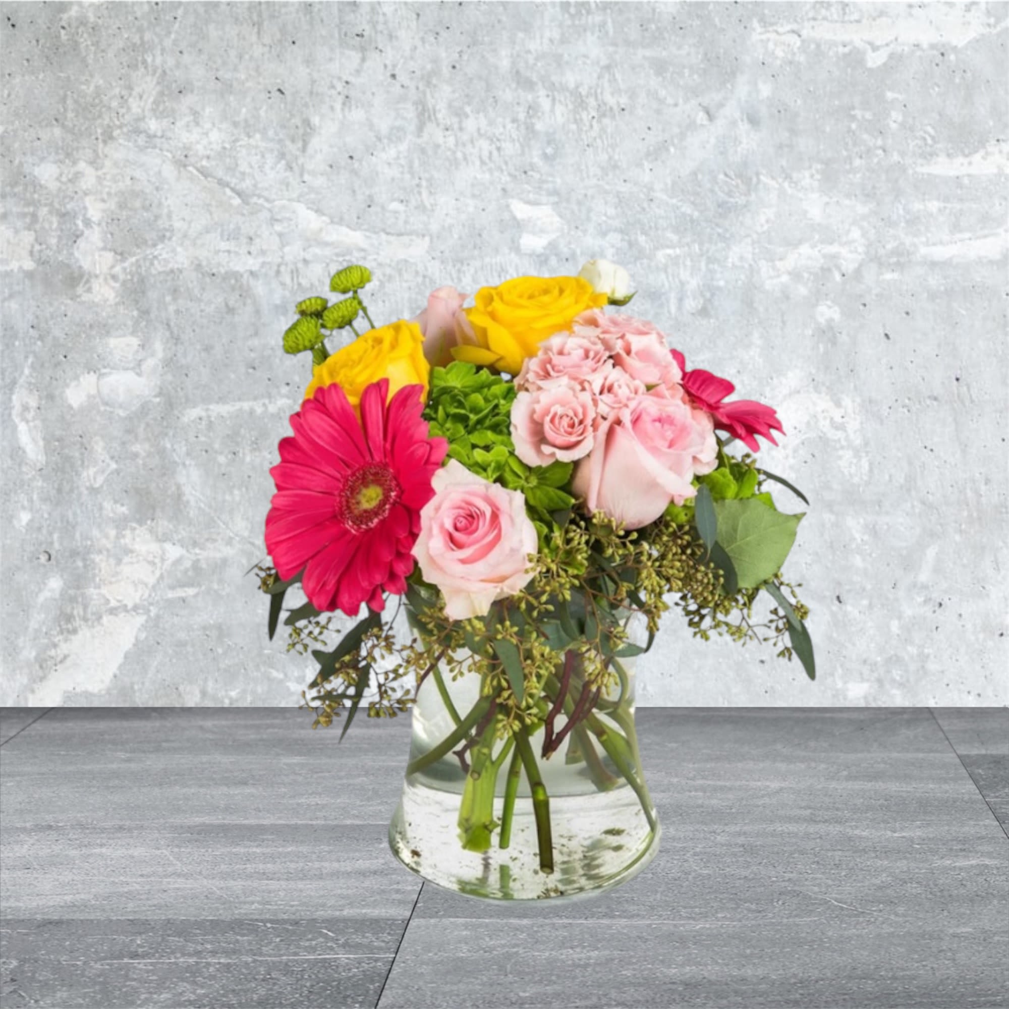 Time To Celebrate - No matter what you're celebrating, this is a perfect gift to wish someone praise or honor their new beginnings. This arrangement contains Pink Gerbera Daisies, Roses, and Hydrangea. APPROXIMATE DIMENSIONS: 12&quot;H x 11&quot;D