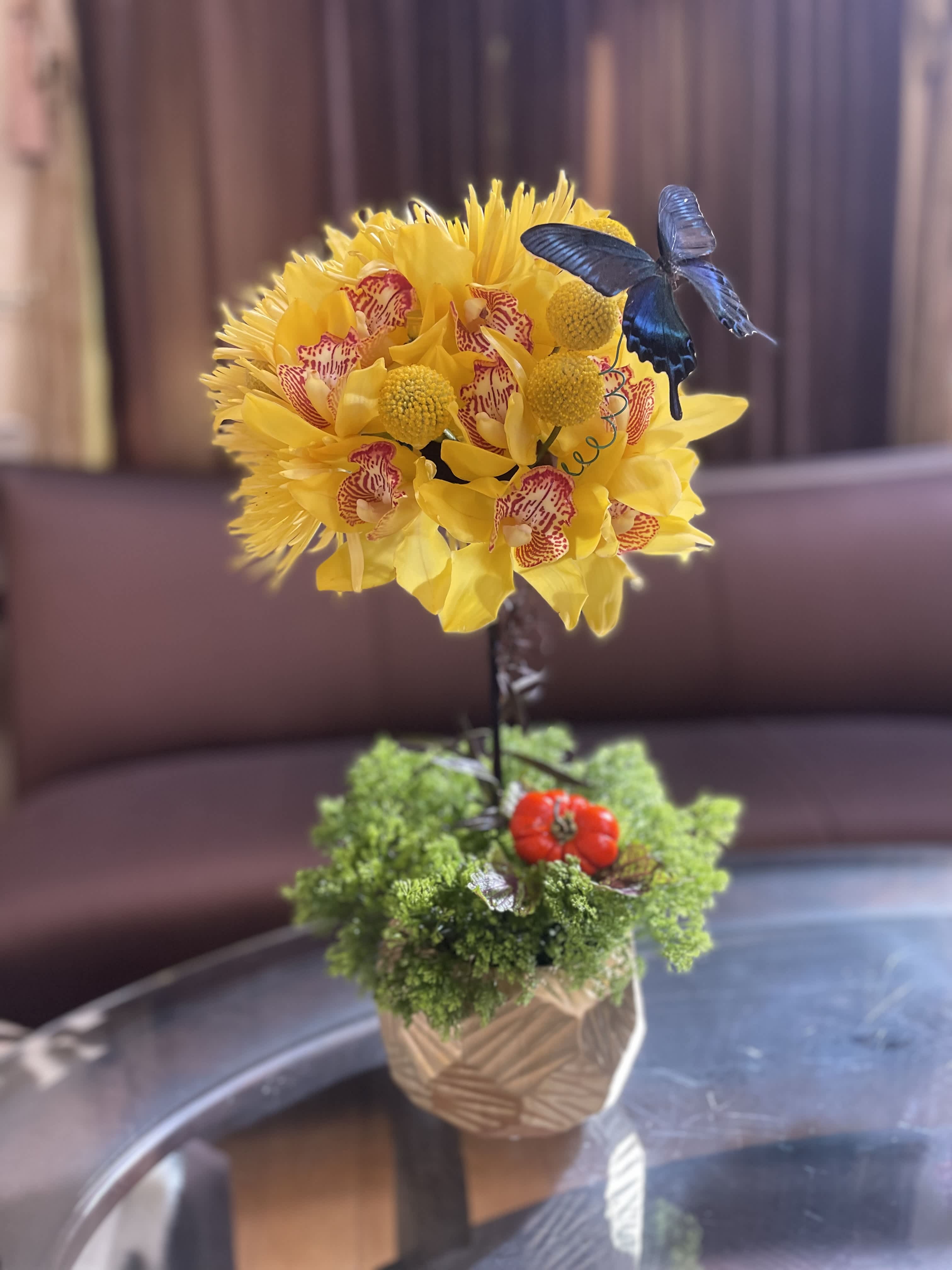 Ikebana yellow orchids. Happy Lunar New Year! - Ikebana yellow orchids and sunny chrysanthemums . Elegance and style . Amazing centerpiece and table floral art for Birthdays !
