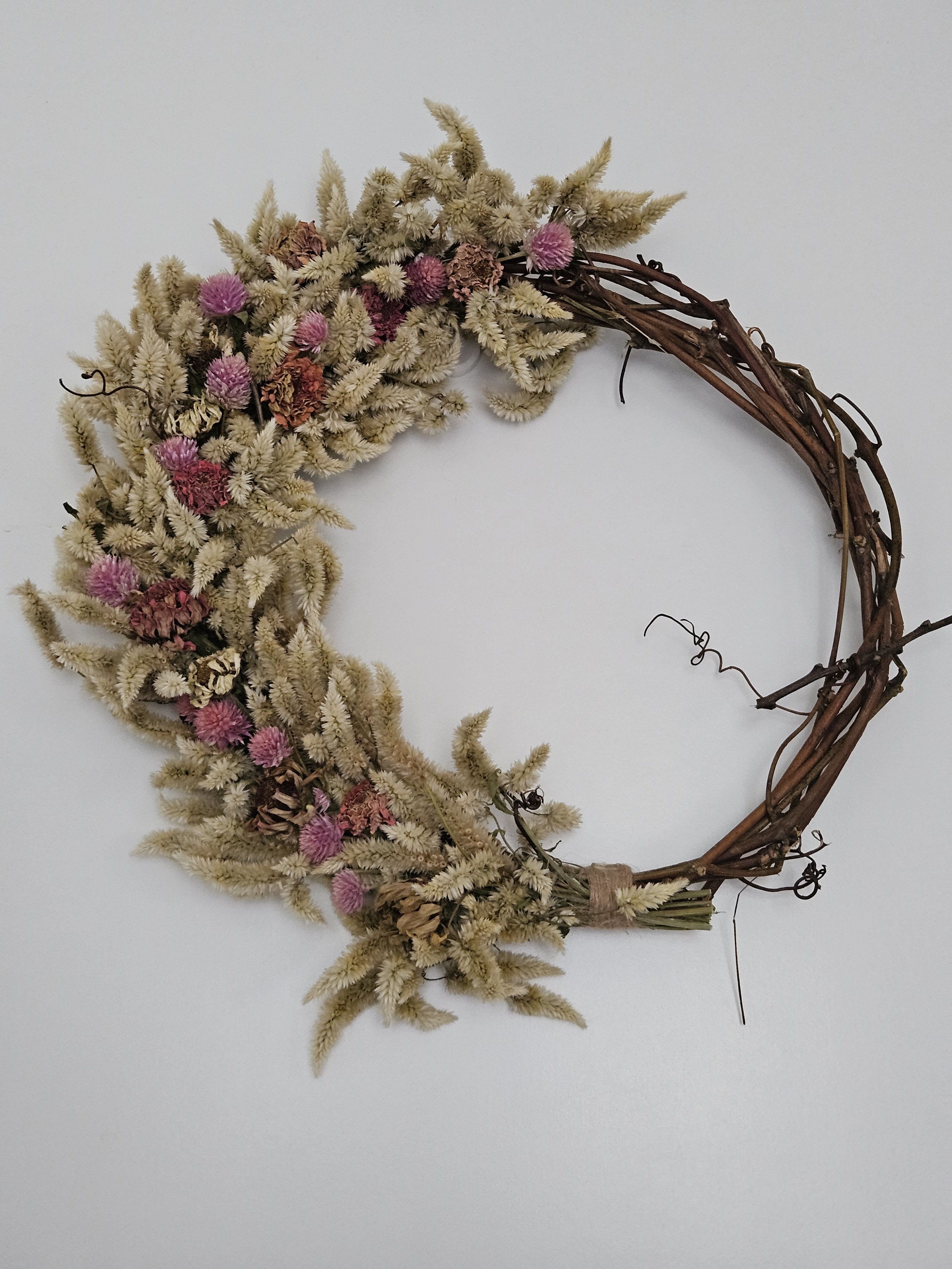 Dried Floral Wreath - Neutral - Bespoke floral wreath made from foraged grape wine and dried flowers grown by Rebellious State Flower Co. 