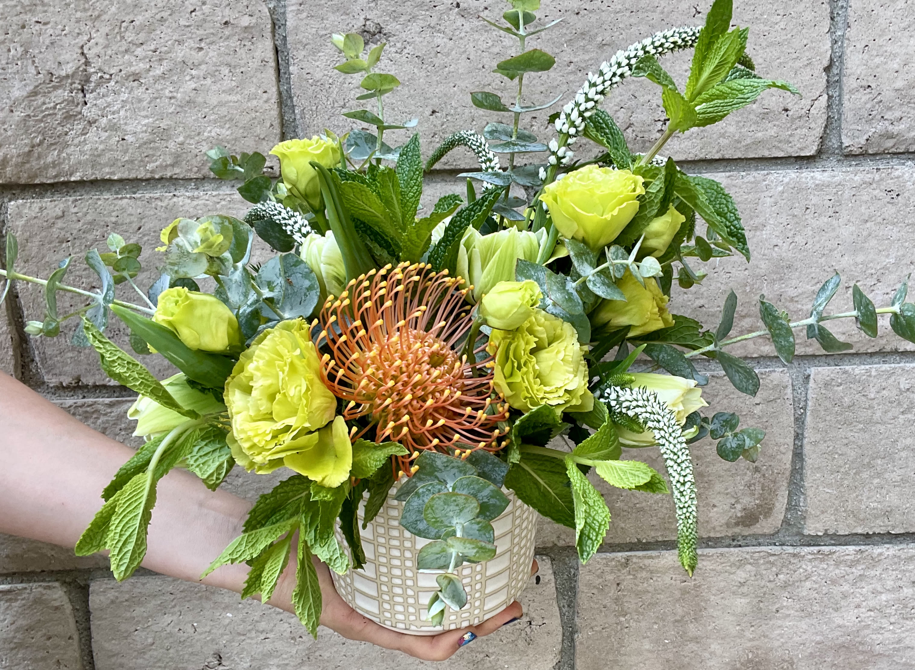 J'adore Chartreuse  - A joyous and vibrant mix of chartreuse Lisianthus, orange Pincushion Protea and white Veronica with a touch of fragrant Eucalyptus in a keepsake ceramic vase. Long-lasting and an excellent hypoallergenic choice. 