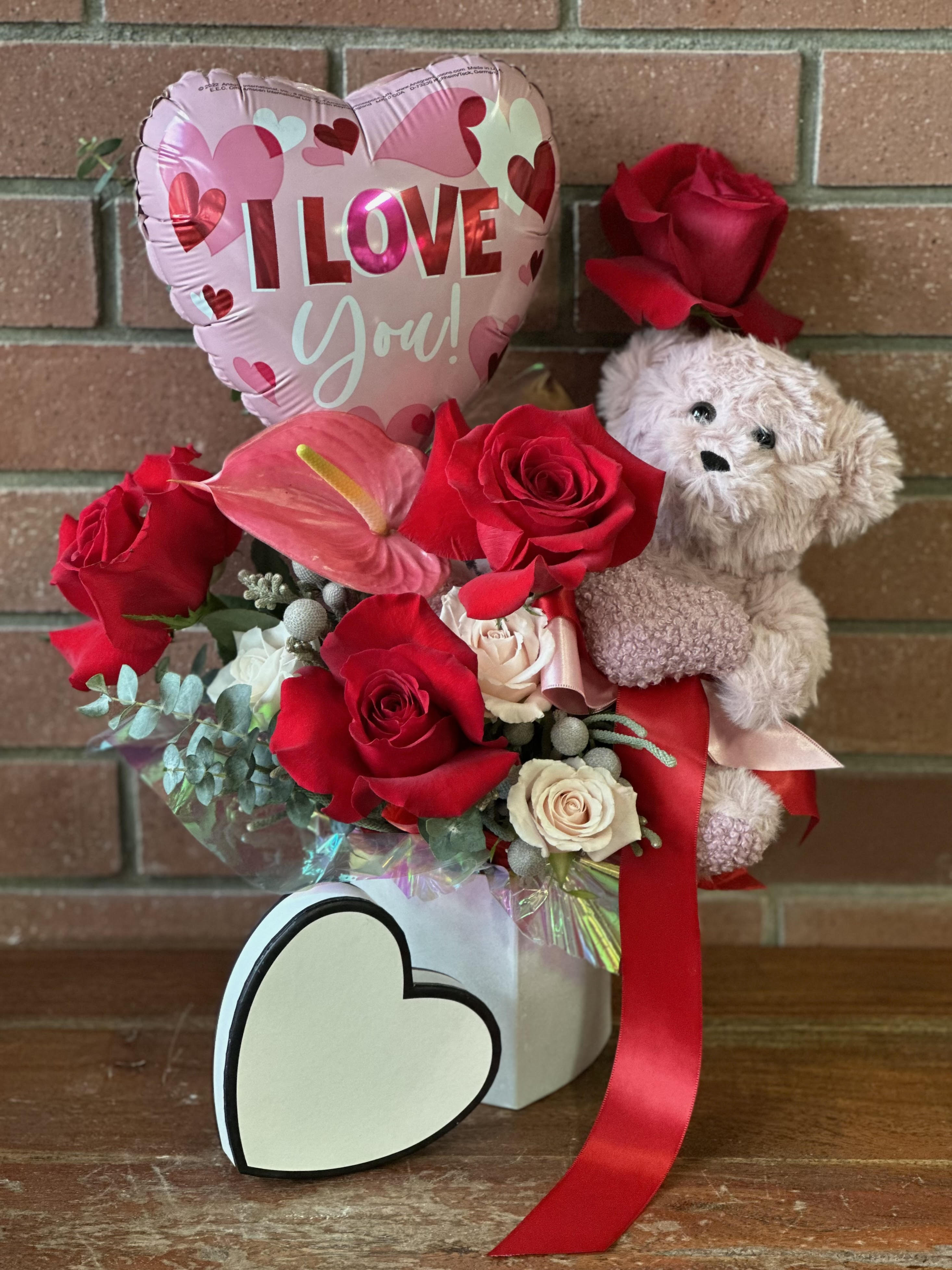 I Love You Bearry Much - Red Roses, Champagne &amp; White Colored Spray Roses, Anthuriums, Eucalyptus, with an &quot;I Love You&quot; Balloon and Bear. Comes in a heart shaped paper box. 