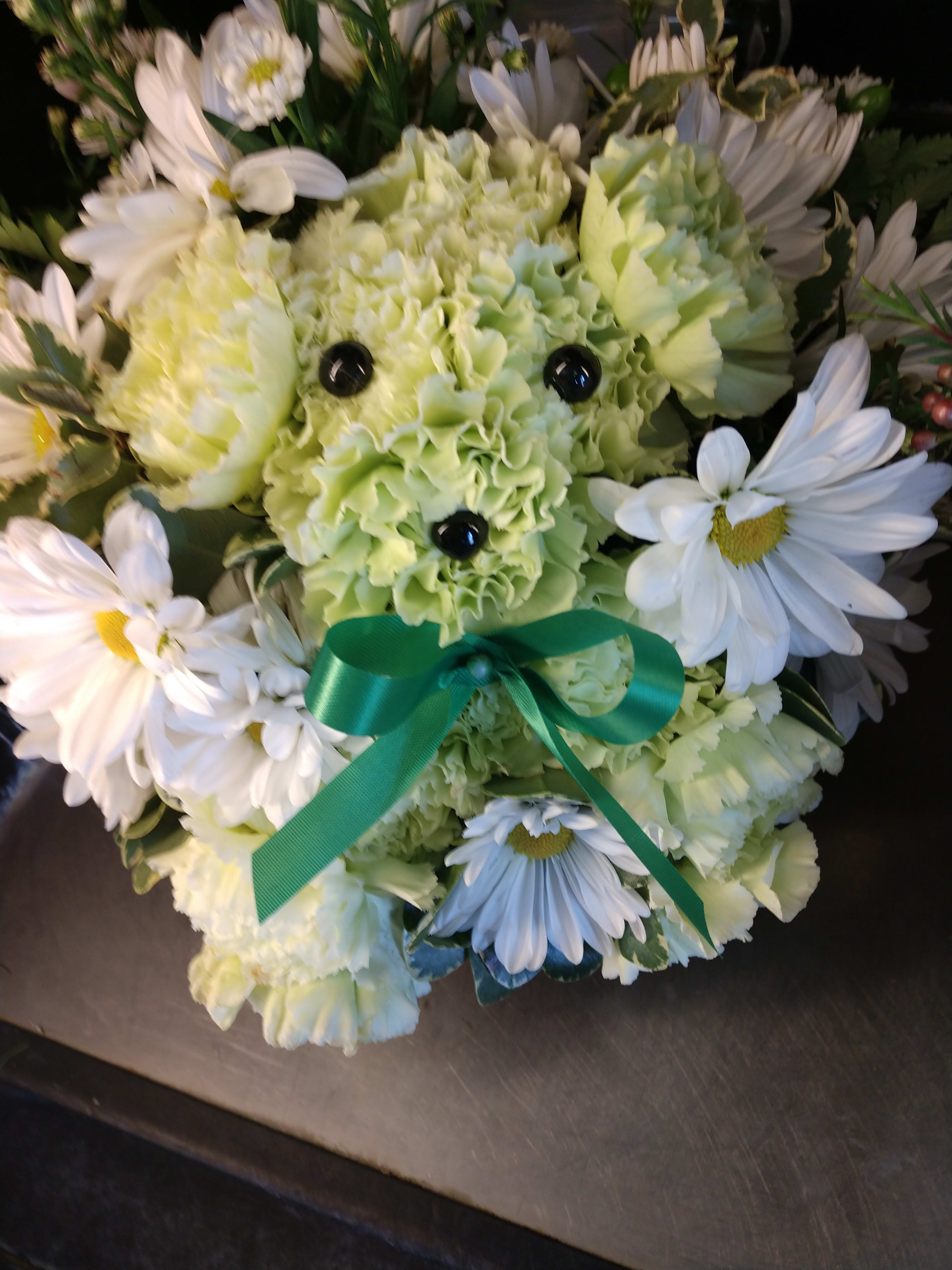 Feeling a little green get well soon Feeling a little green get well soon - Feeling under weather maybe a little green our get well pup is just what looking for get well or birthday or just had a bad day is just what your looking for Green carnations white daisies greenery monte casino Brown basket with a mylar