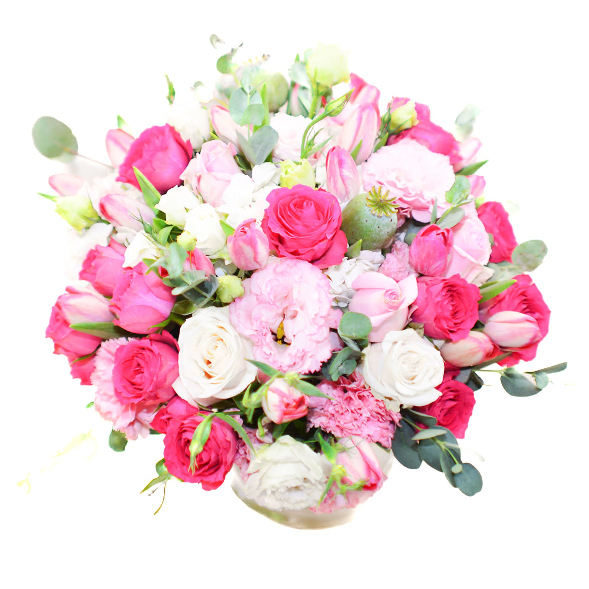 Celine - Harmonious shades of pale pink, hot pink and white, join together to reveal this gorgeous bouquet, a distinctive floral arrangement that captures the essence of spring with its radiant color palette. Featuring a pale pink lisianthus, rose and tulips, this exquisite arrangement is at once soft, elegant and dramatic, making it a lovely choice for any occasions. Hot pink inspires a more passionate, playful and sensual love. 