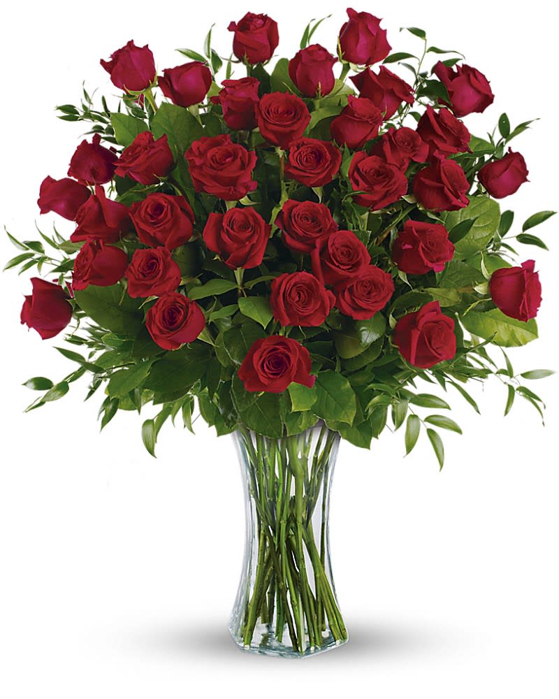 Breathtaking Beauty - 3 Dozen Long Stemmed Roses - One, two, three! Three dozen spectacularly gorgeous red roses delivered in a dazzling flared glass vase - positive proof that love is a many-splendored thing. Imagine her loving this amazing bouquet day after day. Hero-worshipping time. This impressive bouquet includes 36 red roses accented with assorted greenery. Delivered in a flared glass vase.