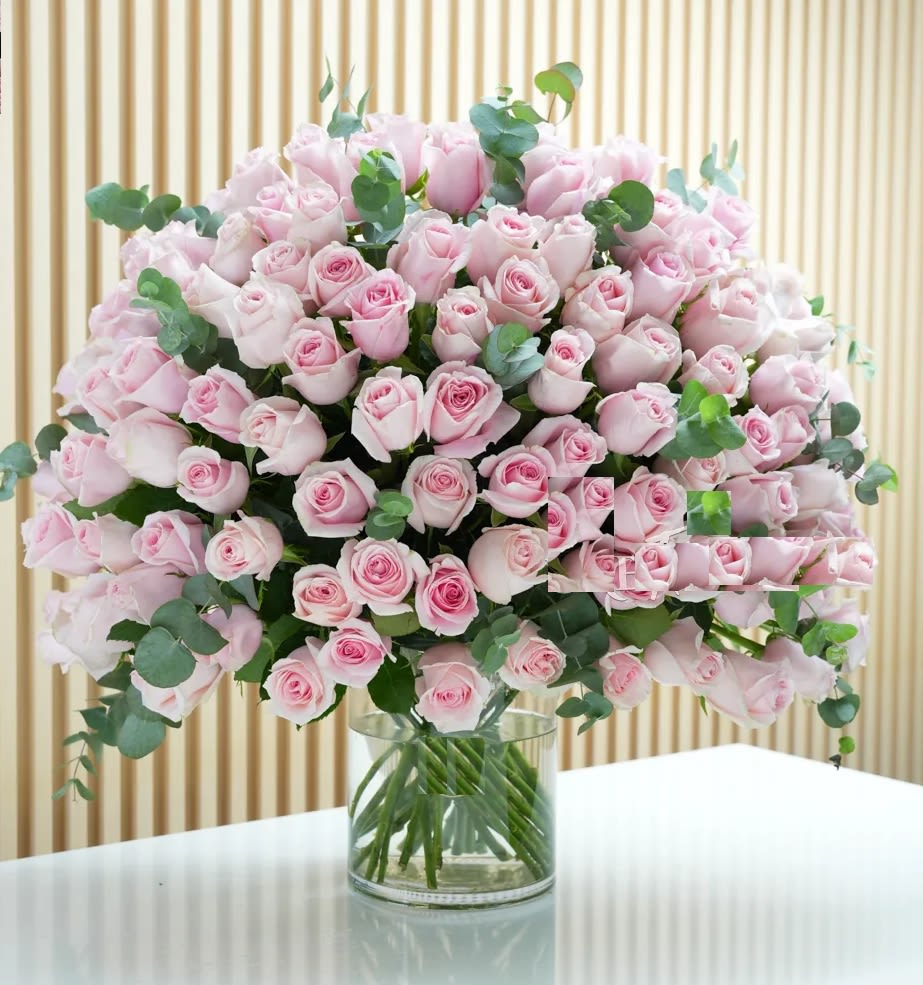 100 Pink roses Beautifully Arranged 100 Pink roses Beautifully Arranged - Immerse yourself in the soft elegance of 100 pink roses, beautifully arranged with eucalyptus leaf fillers in a clear glass vase. This timeless and graceful arrangement exudes charm and sophistication, making it a perfect centerpiece or gift for expressing love, appreciation, or celebrating any special occasion with style.