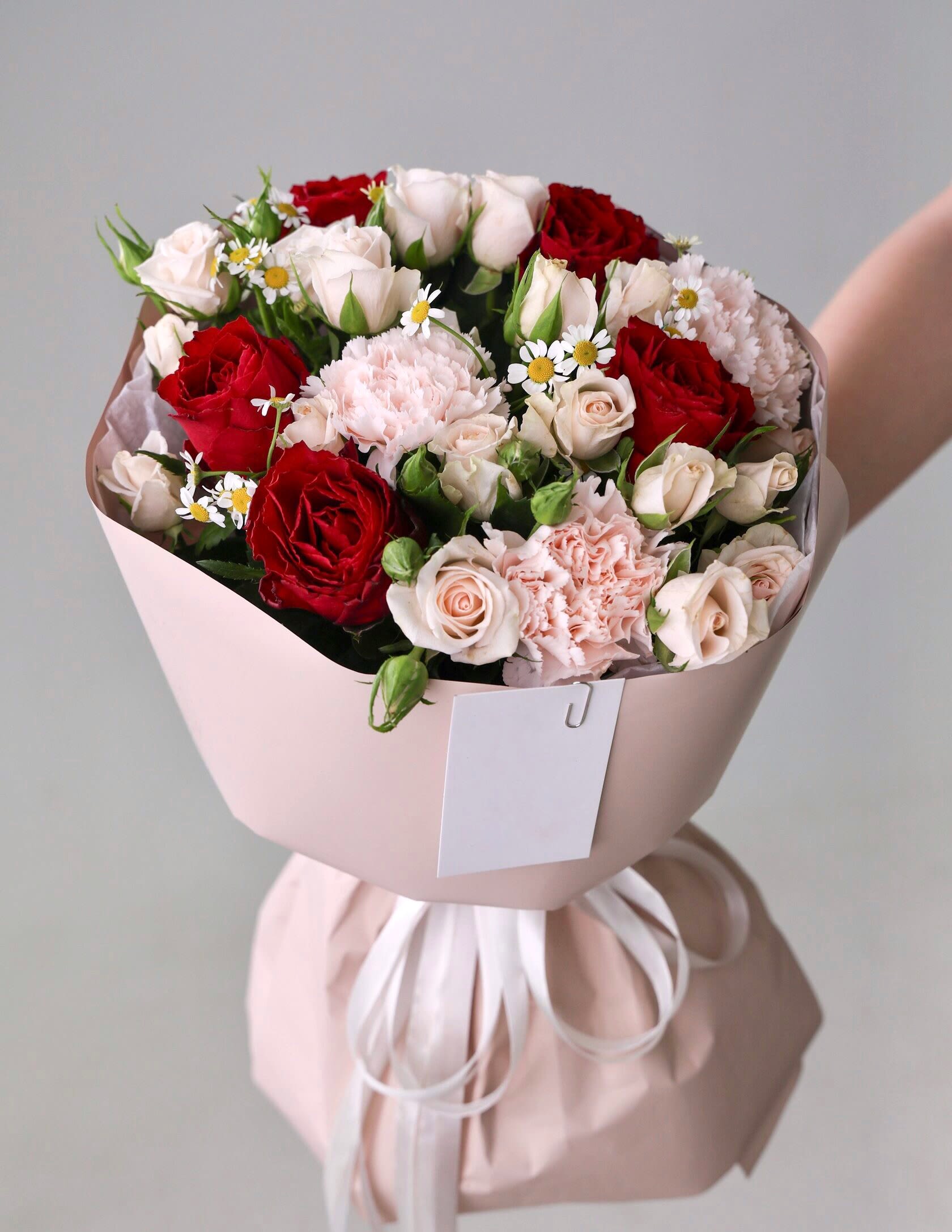 № 59 - Bouquet of red roses, pink mini roses and dianthus.