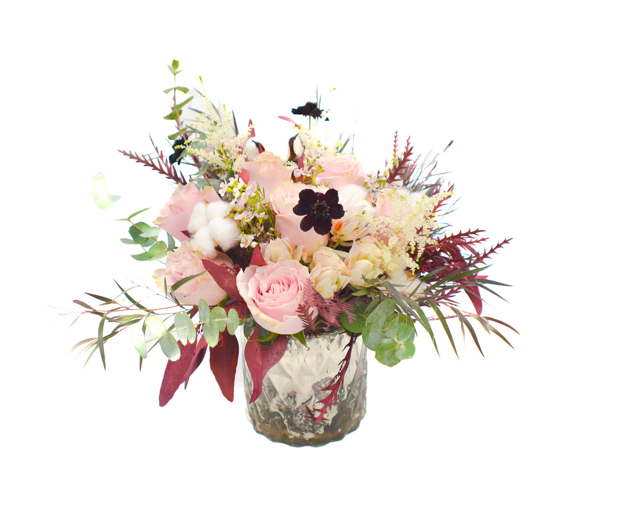 Rusty - An exquisite flower bouquet, that illustrate a pink and burgundy shades, with delicate cotton flowers. Cotton flower meaning: Cherish the people around, a promise of wealth and well being in your life. Come in silver vase.