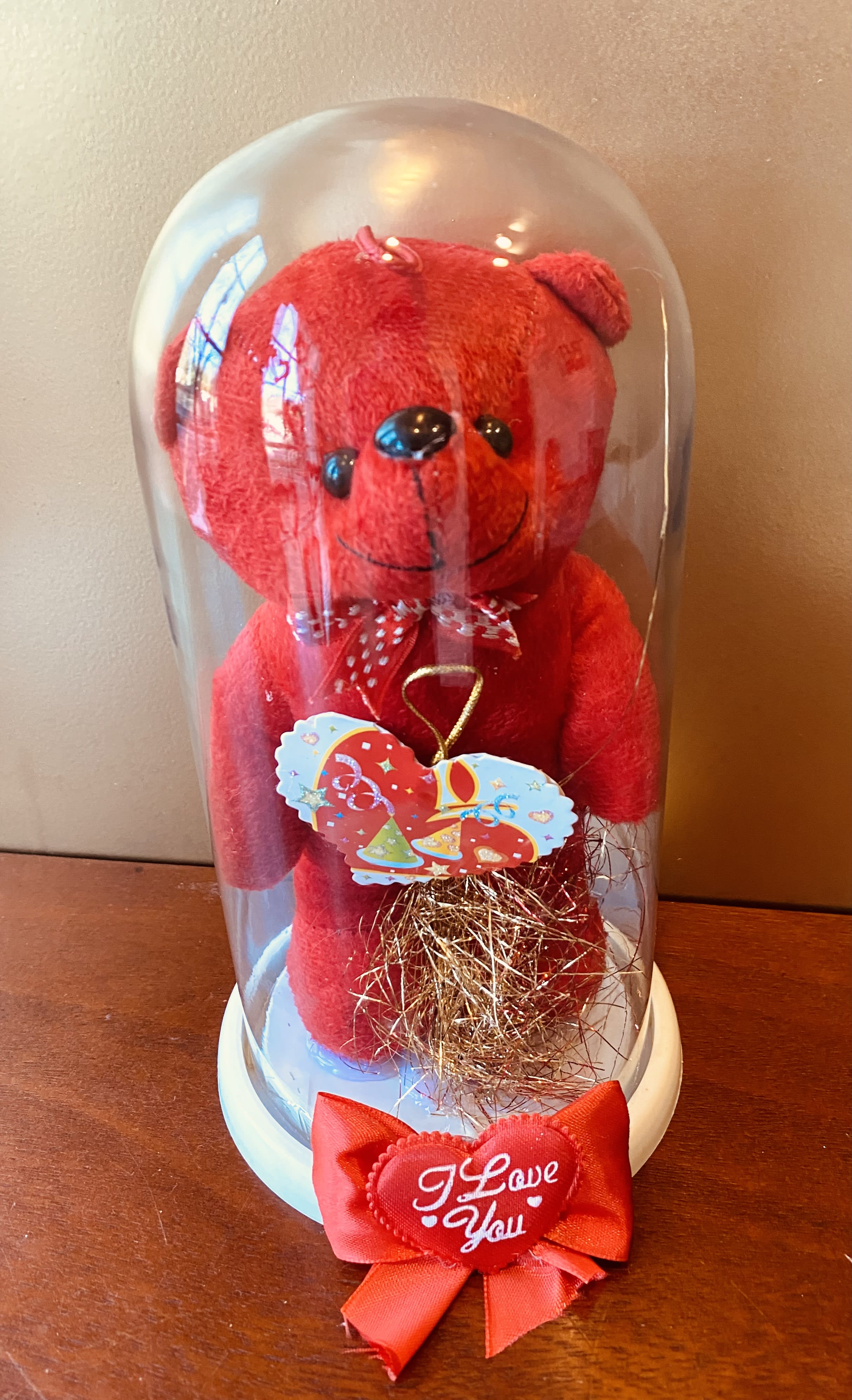 Cuddly Love Display - Medium  - Medium-sized red teddy bear display in glass container. Perfect for nightstand or desk placement to remember year round.  