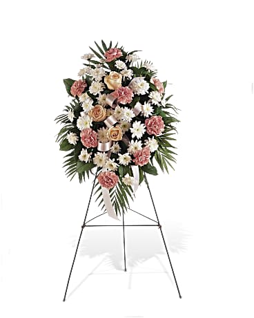 Gentle Thoughts Spray - Express your deepest sympathies, and extend a gracious note to a service or memorial, with this soft spray of pink and white blooms surrounded by a frame of elegant greens.