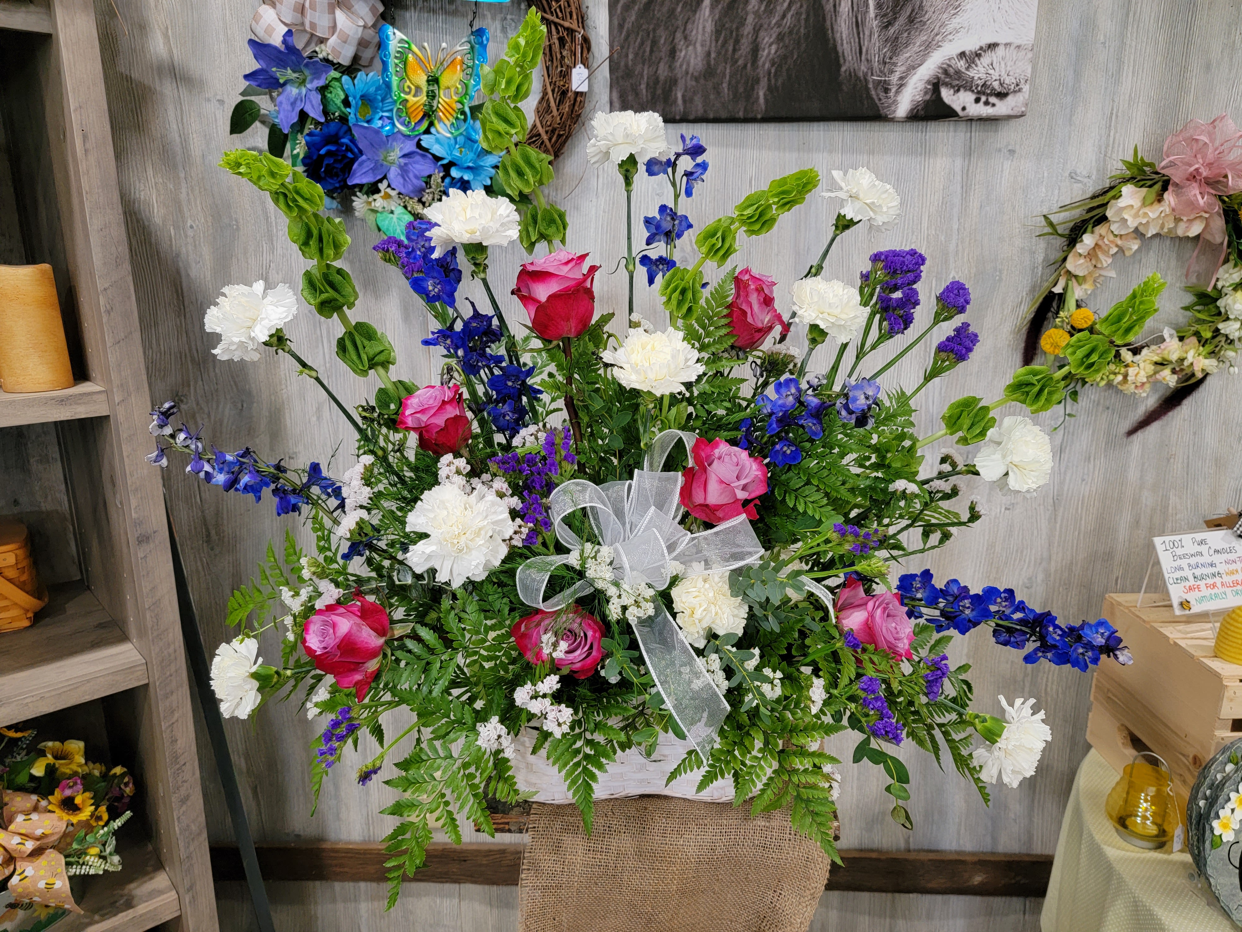 Peace Garden  - Large garden basket full of blooms and greenery. Available in any color combination. Premium and deluxe pricing includes more flowers. 