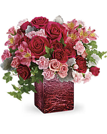Ooh La Ombre Bouquet Ooh La Ombre Bouquet - When only a bold statement will do! Make everyone "ooh" and "ahh" with this modern mix of roses and fresh accents, artistically arranged in a shimmering, distressed mercury glass cube with subtle ombre shading.