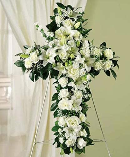 STANDING SPRAY CROSS ALWAYS REMEMBER STANDING SPRAY CROSS ALWAYS REMEMBER - WHITE ROSE AND LILIES