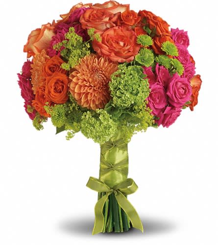 Bright Love Bouquet - T194-9A - You're certainly glowing - why not carry flowers that are too? This bright bouquet is fabulously fun and fashionable. Orange and hot pink roses are perfectly paired with orange dahlias green hydrangea and button spray chrysanthemums plus green viburnum and accents of lady's mantle.Approximately 12 1/2&quot; W x 15 3/4&quot; H Orientation: N/A As Shown : T194-9A
