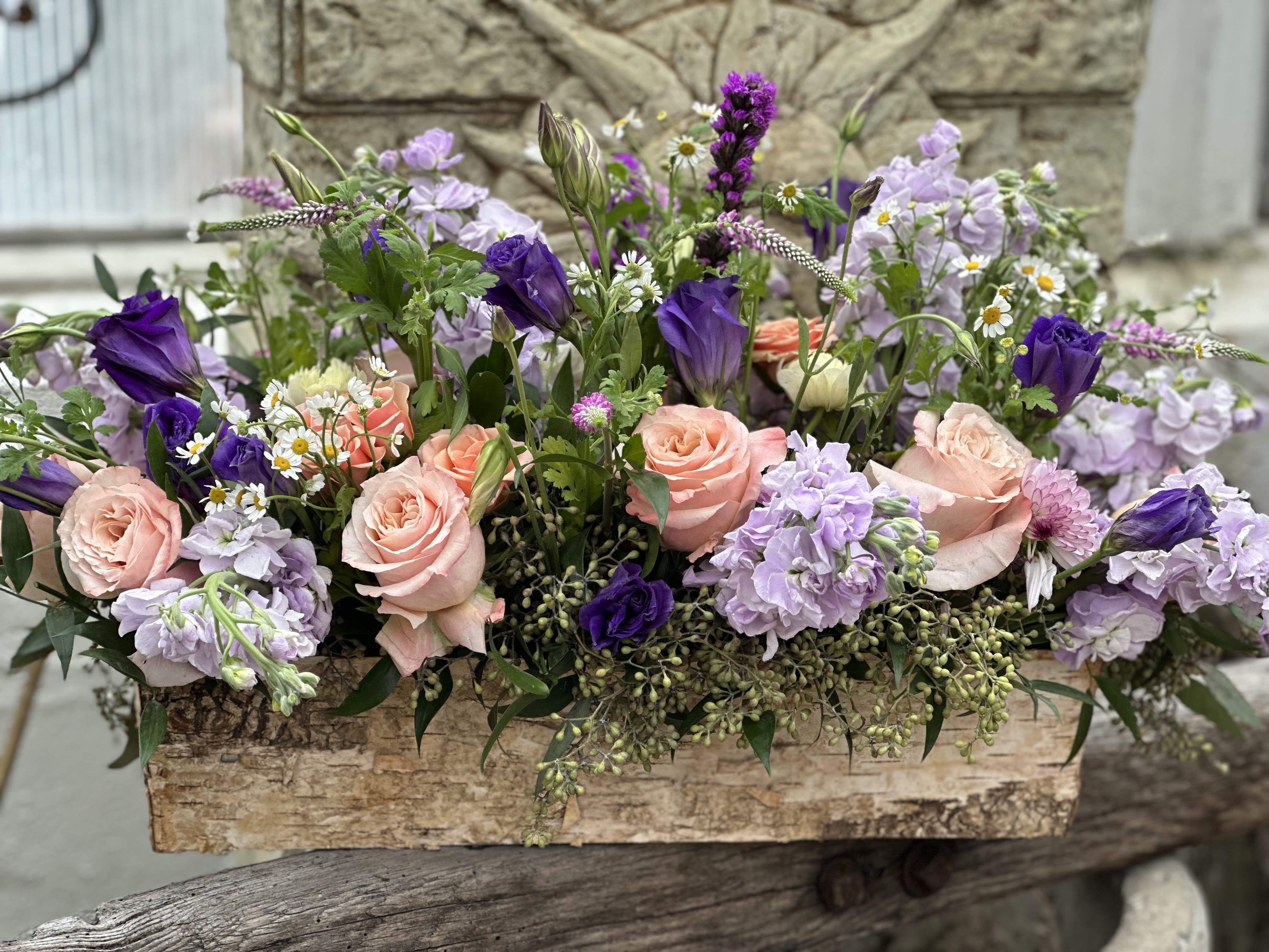 Mary's Garden - 20 inch long birch planter with natural lavender, seeds eculiptis, pretty roses, lisianthus, hydrangea,  and other whimsical touches. beautiful for any holiday table. ..