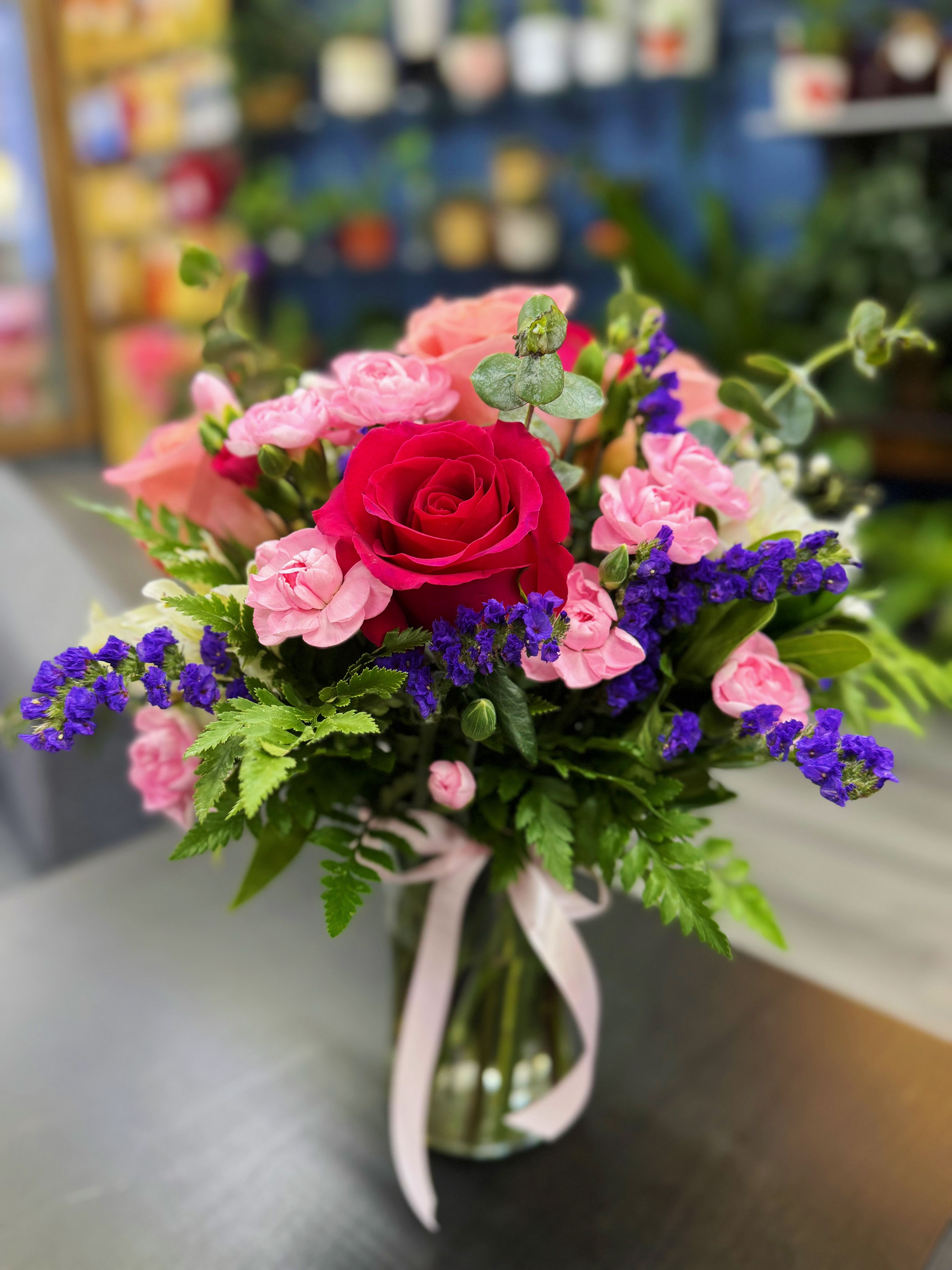 Rosa y Magia  - Rosa y Magia is a small but beautiful arrangement featuring soft pink tones, mini carnations, white alstroemeria, and purple statice. Perfect for birthdays, special occasions, or as a thoughtful gesture of support and hope for those going through difficult times.