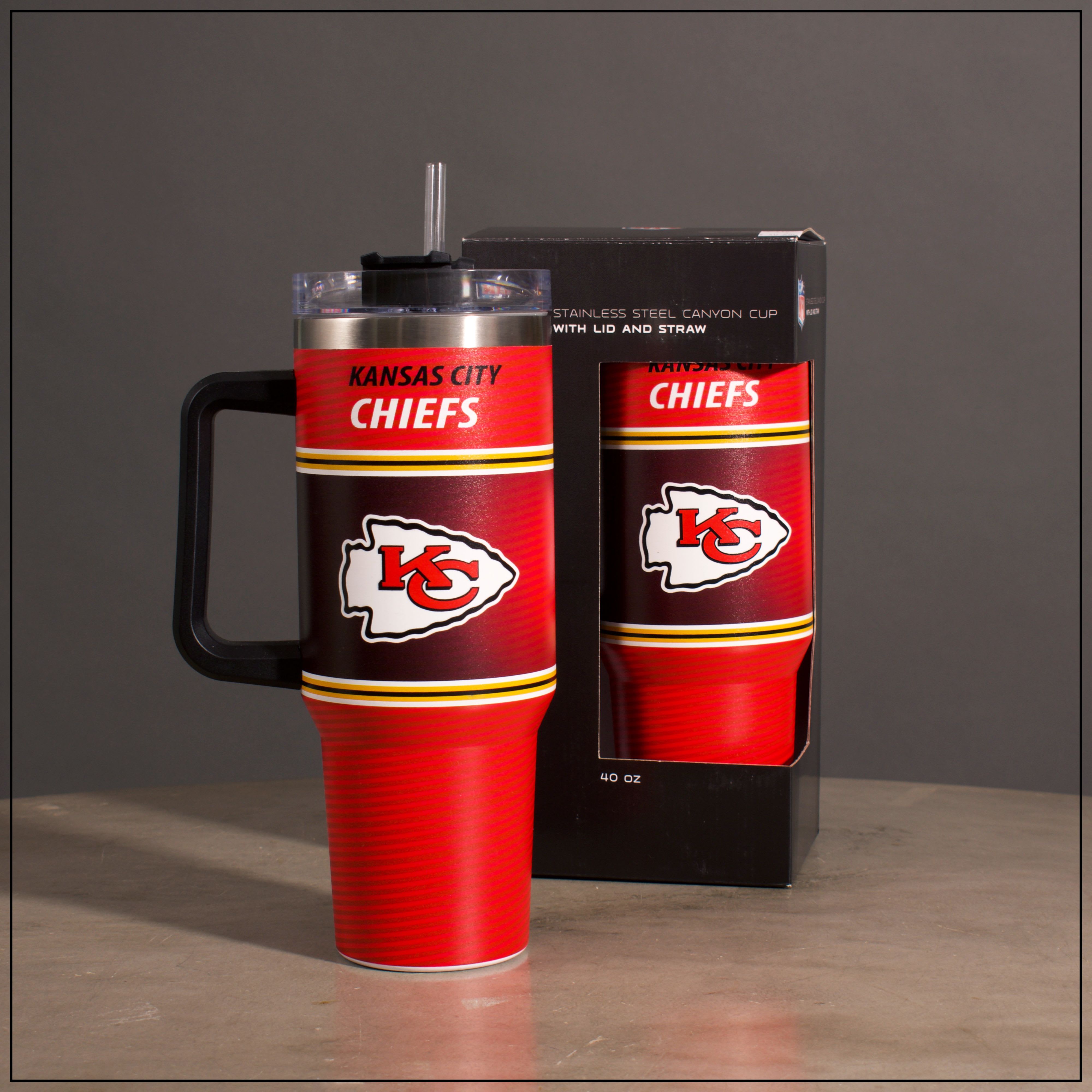 40 oz Stainless Steel KC Chiefs Cup. - 40 oz. Includes Plastic Straw and Lid. BPA Free.  comes Boxed.