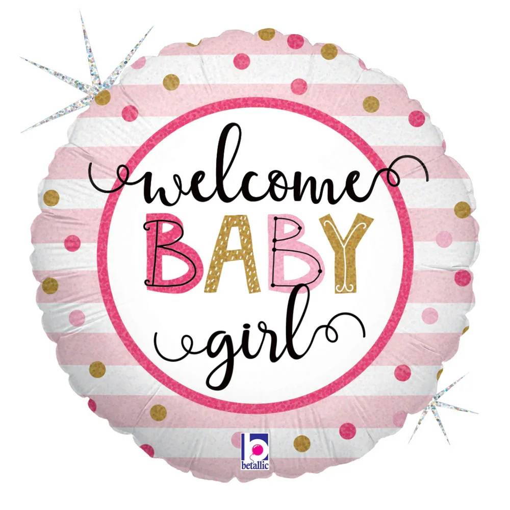 Welcome Baby Girl Mylar Welcome Baby Girl Mylar - Celebrate the arrival of a sweet baby girl with this stylish Mylar balloon! Featuring "Welcome Baby Girl" in bold black and pink letters, this round balloon is framed by a ring of soft pink, chic stripes, and gold and pink dots for a touch of elegance. Perfect for baby showers, hospital visits, or gifting, this balloon adds a festive and heartfelt touch to any celebration for the new little princess!