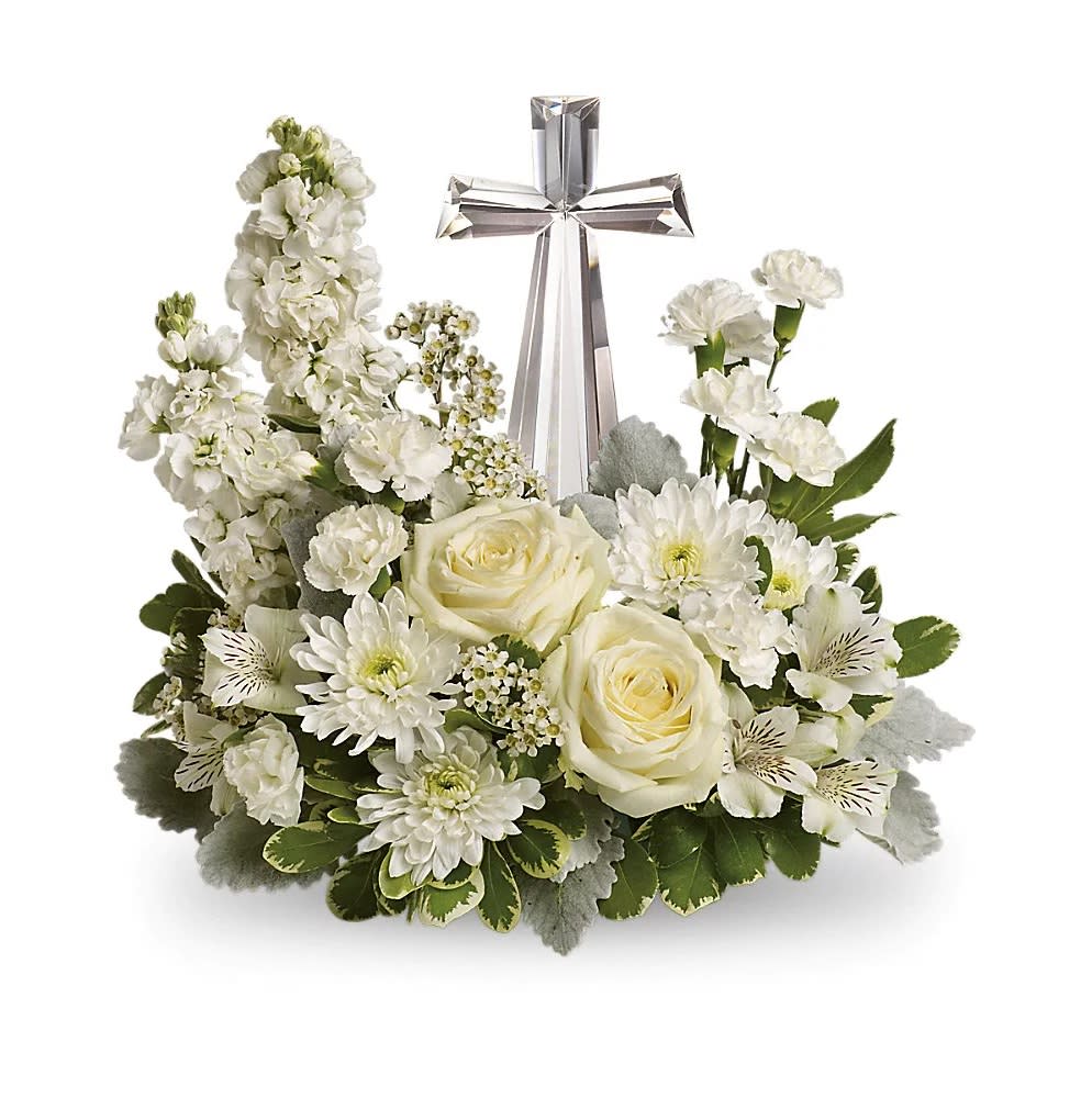 Divine Peace Bouquet - An elegant display of faith and divine peace, this beautiful arrangement will comfort the bereaved in a truly thoughtful and respectful way. An exquisite crystal cross is surrounded by a bed of lovely blossoms. It is sure to be appreciated and always remembered.
