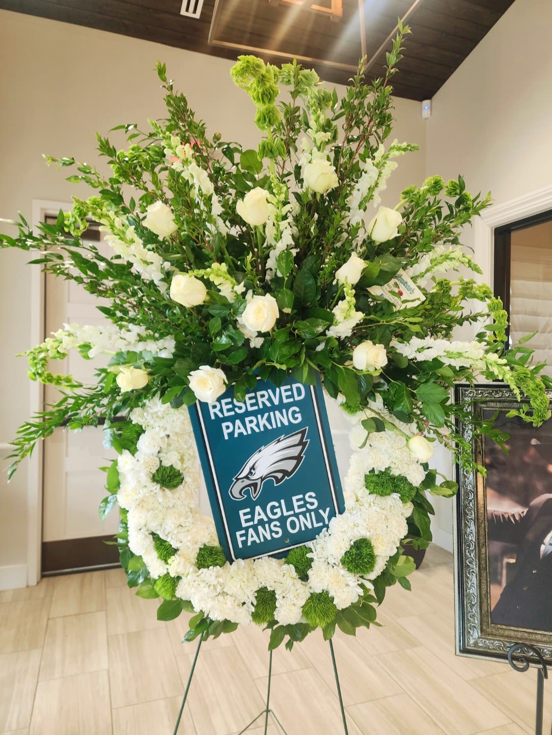 Custom NFL Tribute  - White roses, bells of Ireland, hydrangeas, poms, and greenery.