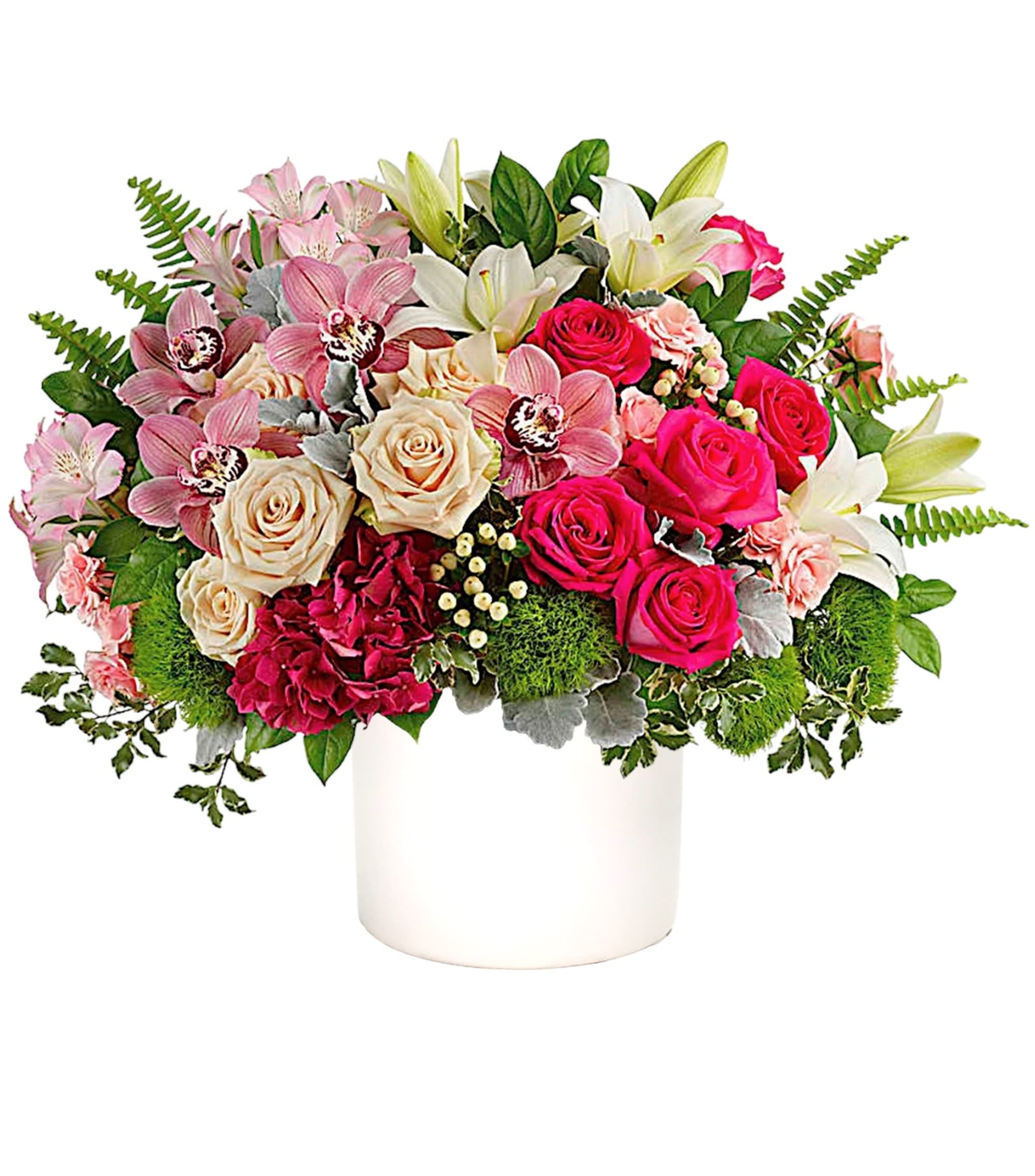 Grand Beauty - Make a grand statement on any occasion with this truly amazing arrangement of bright and pale pink roses, luxuriously arranged with delicate orchids and fragrant lilies in a white cylinder box.  DETAILS Pink hydrangea, pink cymbidium orchid blossoms, crème roses, hot pink roses, white Asiatic lilies, light pink alstroemeria, green trick dianthus, peach hypericum, sword fern, dusty miller, pitta Negra, and lemon leaf.  CYLINDER BOX INCLUDED Orientation: One-Sided Item #NF-385  FLORIST-TO-DOOR Same day flower delivery on most orders placed online by 12 pm or 10 am on weekends PST.  BLOOM DETAILS Roses Asiatic Lilies Spray Roses Cymbidium Orchids Alstroemeria Hypericum Hydrangeas Green Trick Greenery  The Standard Arrangement is approx. 20&quot; H x 25 1/2&quot; W. The Deluxe Arrangement is approx. 21&quot; H x 25 1/2&quot; W. The Premium Arrangement is approx. 21 1/2&quot; H x 25 1/2&quot; W.  How to place an order? 1. You can place an order directly on this secure website OR 2. You can call in your order by dialing: (323) 262 - 9238 OR 3. You can visit our store (appointment recommended 323.262.9238)  NINFA'S FLOWERS 2405 WHITTIER BLVD. LOS ANGELES, CA. 90023  ATTENTION: *Please note that on busy holidays, Valentine's Day, and Mother's Day, we cannot verify if the recipient received the flowers until the following day. You can verify delivery on the website after 10:00 pm, call 323.262.9238 the following day after 10:00 am, or contact the recipient directly. Thank you for your patience and understanding.