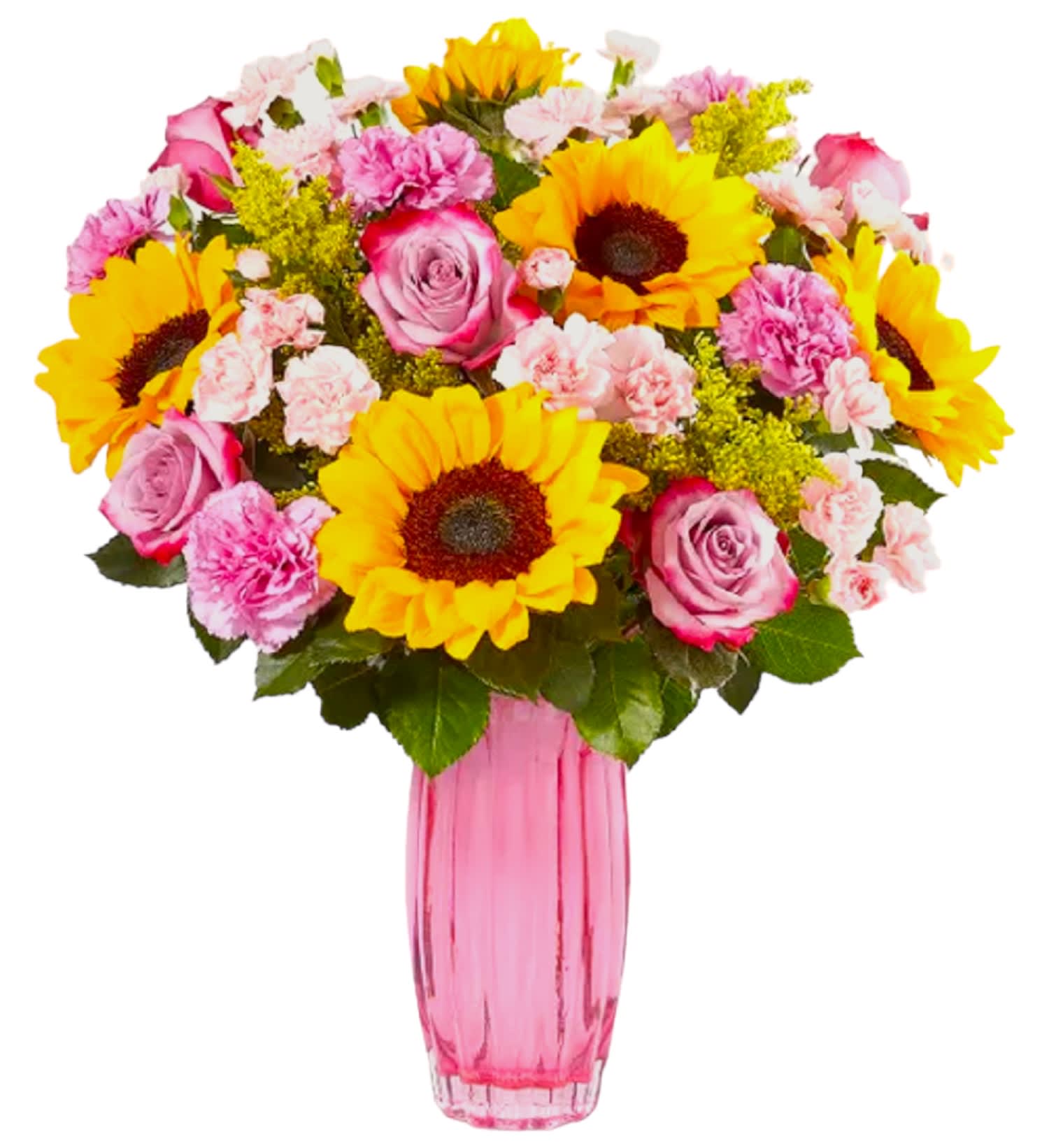Spring Sunshine Arrangement  - Our bright flower arrangement brings all the happiness of a sunshine-filled day. Gathered with golden sunflowers and a mix of sweet pink and purple blooms, it’s a gift full of warmth for any occasion, friends, and loved ones, both close by and miles away.  DETAILS A mixed arrangement of sunflowers, lavender roses, lavender carnations, pink mini carnations, and solidago, artistically designed in a pink glass vase.  VASE INCLUDED Orientation: One-Sided Item #NF-311  FLORIST-TO-DOOR Same day flower delivery on most orders placed online by 12 pm or 10 am on weekends PST.  BLOOM DETAILS Roses Sunflowers Carnations Mini-Carnations Seasonal Filler Greenery  The Standard Arrangement (SHOWN) The Deluxe Arrangement  The Premium Arrangement   How to place an order? 1. You can place an order directly on this secure website OR 2. You can call in your order by dialing: (323) 262 - 9238 OR 3. You can visit our store (appointment recommended 323.262.9238)  NINFA'S FLOWERS 2405 WHITTIER BLVD. LOS ANGELES, CA. 90023  ATTENTION: *Please note that on busy holidays, Valentine's Day, and Mother's Day, we cannot verify if the recipient received the flowers until the following day. You can verify delivery on the website after 10:00 pm, call 323.262.9238 the following day after 10:00 am, or contact the recipient directly. Thank you for your patience and understanding. 