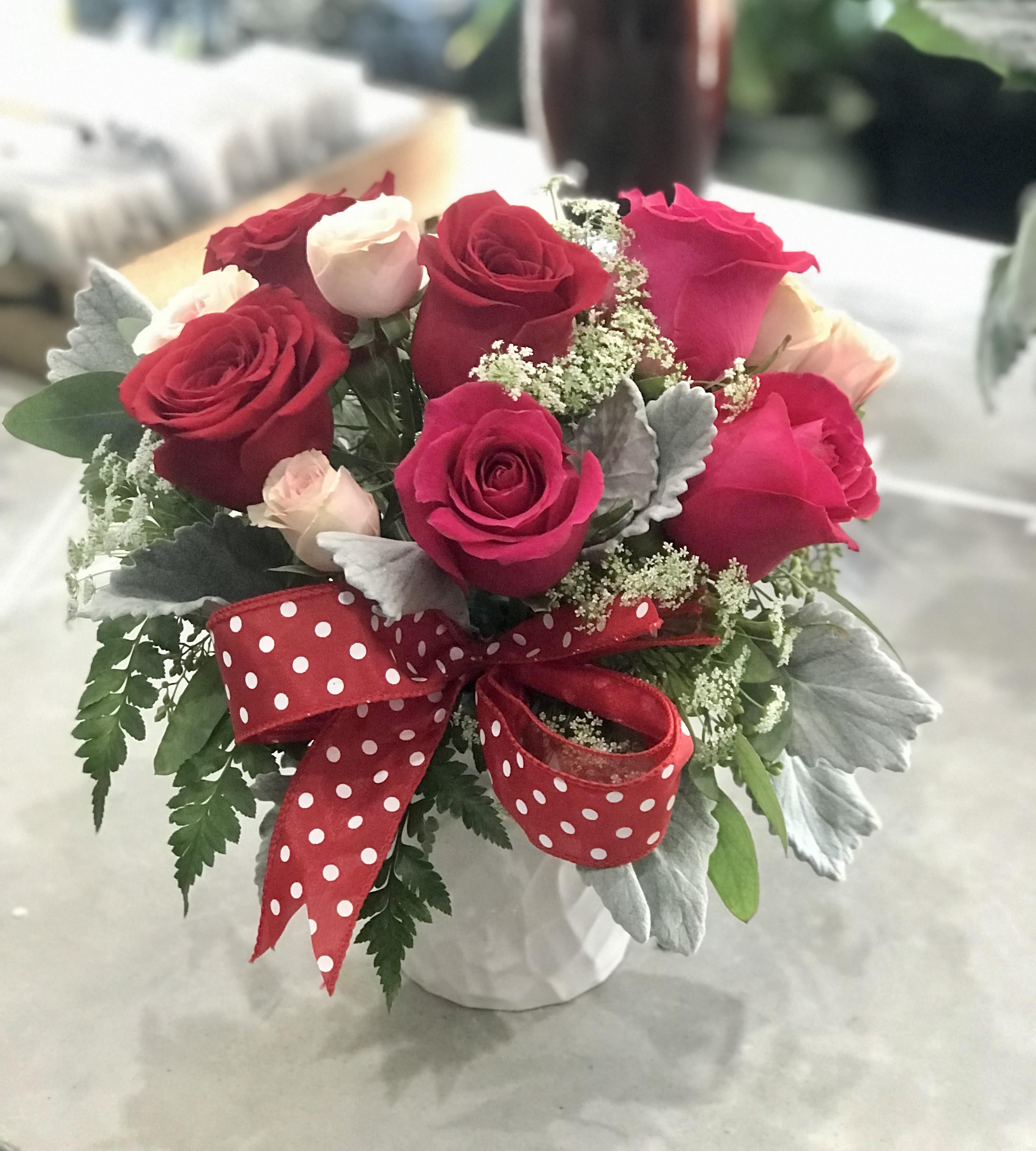 Happy Valentine - Red &amp; hot pink roses with pink spray roses &amp; white filler