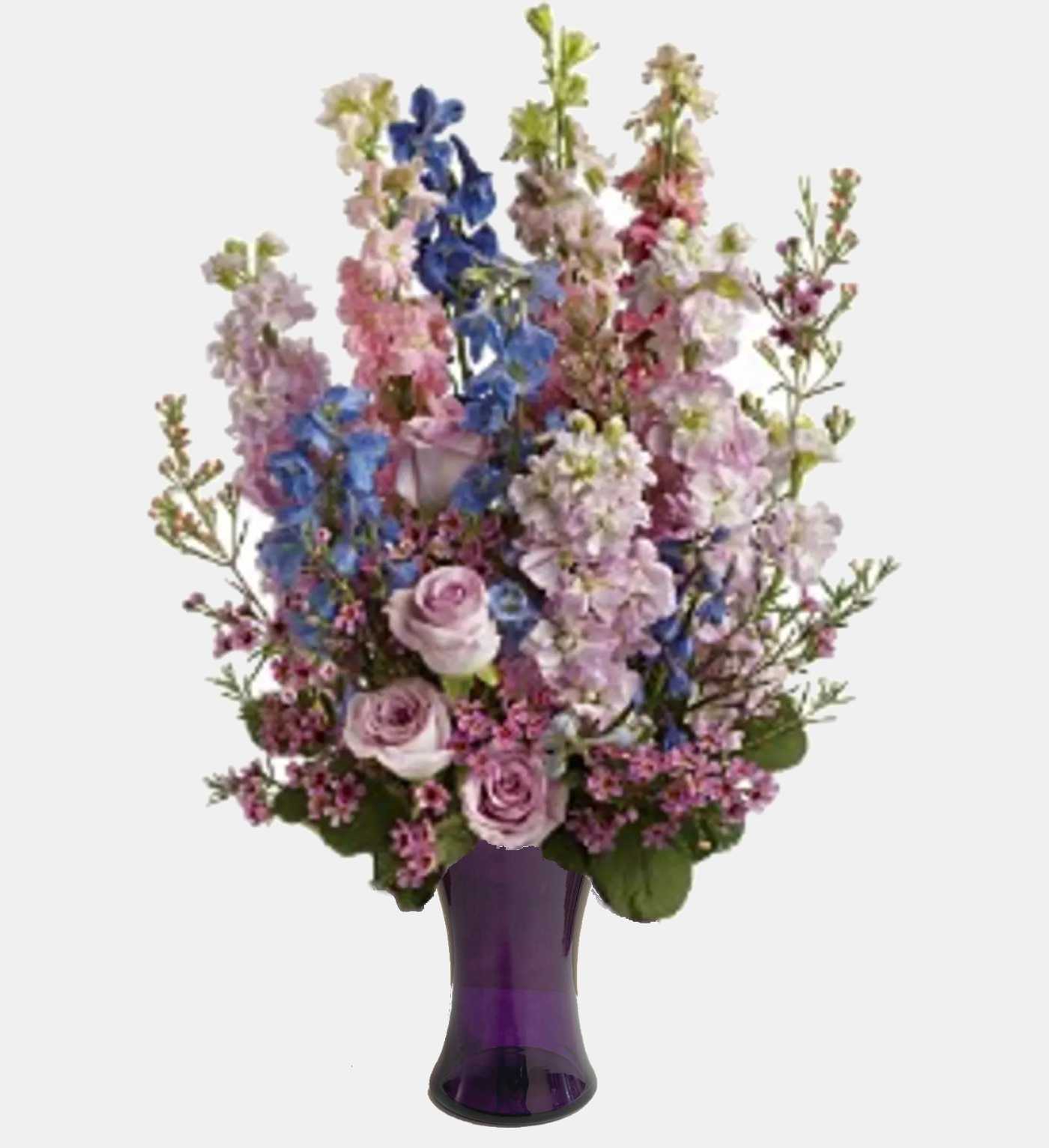 Lavender Lace [08N370B] - Tall, graceful larkspur is reminiscent of a country garden when mingled with roses, delphinium and stock in this rustic bouquet. A special gift for anyone in your life who loves a classic garden display.  A mix of fresh flowers such as larkspur, roses, delphinium and stock – in shades of lavender, pink and light blue – is delivered in a lavender Teleflora Satin Collection Cylinder.  Approximately 12.5&quot; (W) x 19&quot; (H)  Orientation: One-Sided      As Shown : 08N370B 