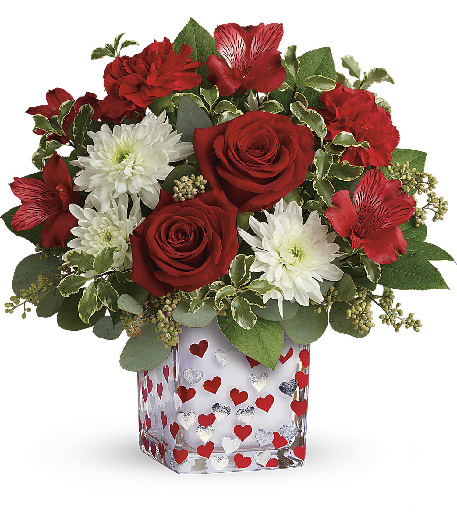 Happy Harmony Bouquet Happy Harmony Bouquet - Dotted with red and silver hearts, this sweet glass cube, bursting with radiant red and white blooms, is a happy, harmonious way to celebrate love and affection!