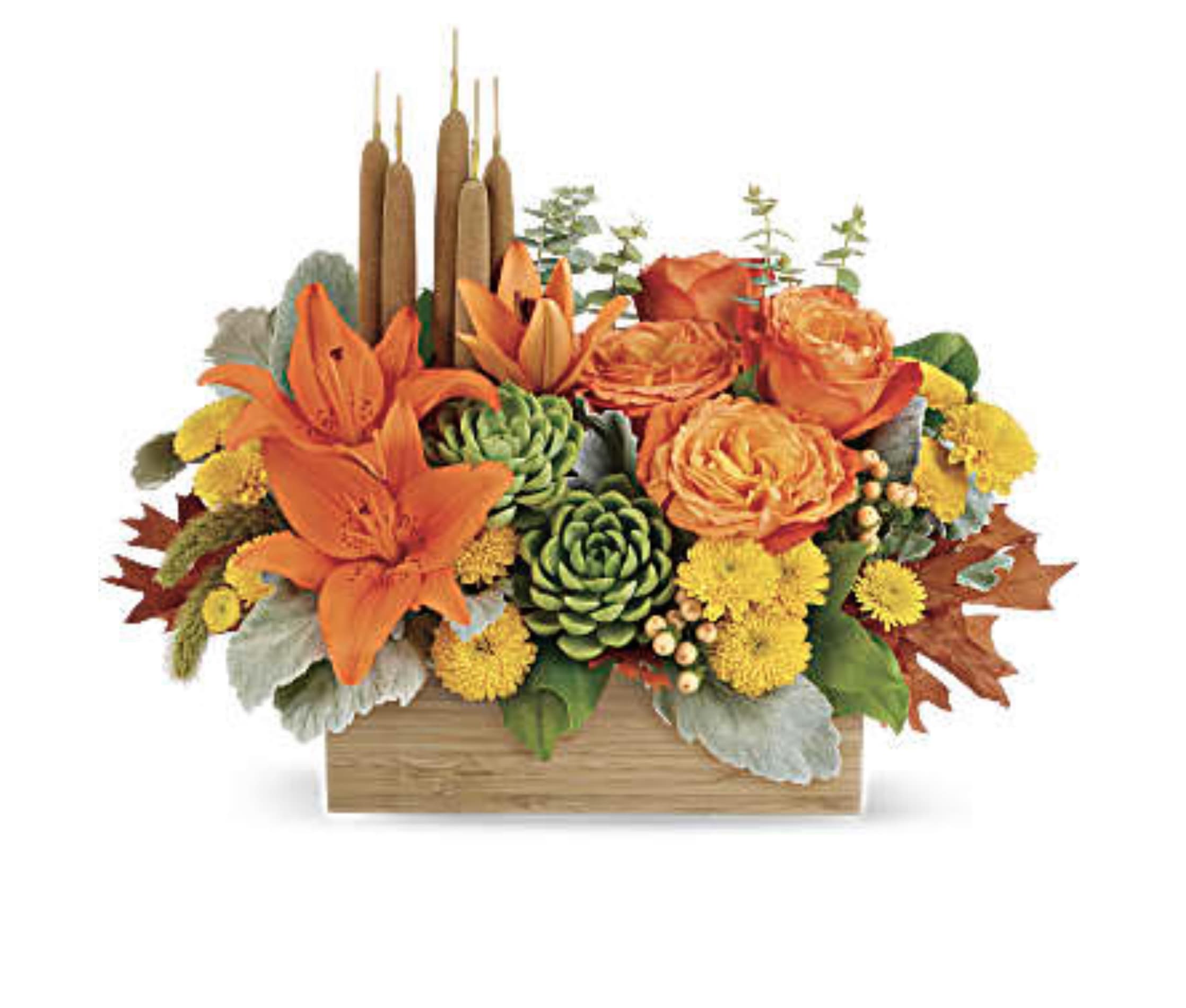 Fall Bamboo Garden Fall Bamboo Garden - Enjoy the serenity of the season with a fresh fall centerpiece that is as beautiful as it is soothing. This lush arrangement enchants in shades of peach, orange and green - combining roses, lilies and even two succulent plants! Hand-delivered in a natural-toned bamboo rectangle.