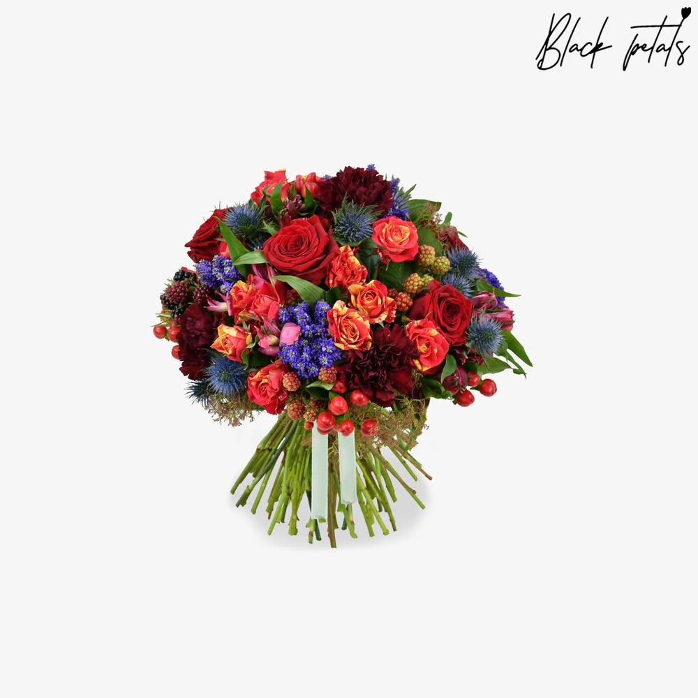 Crimson Dream Crimson Dream - This crimson dream bouquet consists of crimson roses and rich red carnations. Thistles, rubus, and Scarlett berries are incorporated into this stunning and lavish rose bouquet. Crimson Dream with fresh rosemary and seasonal greenery, is an exquisite, Christmas-appropriate design that would make a great gift for someone. Medium - 5 red roses, 5 red carnations , 5 purple veronica, 5 red hypericum, 3 red/ yellow spray roses, 3 rubus berries, 3 blue eryngium , 0.5 bunches of seasonal greenery Large - 7 red roses, 7 red carnations , 7 purple veronica, 7 red hypericum, 7 red/ yellow spray roses, 5 rubus berries, 5 blue eryngium , 1 bunch of seasonal greenery Grandiose - 9 red roses, 9 red carnations, 9 purple veronica, 9 red hypericum, 9 red/ yellow spray roses, 7 rubus berries, 7 blue eryngium , 1.5 bunches seasonal greenery Please note that if no variations from the list are chosen, you will receive the featured arrangement unless a substitution may need to be made based on the season, availability of flowers, or other unforeseen and uncontrollable circumstances occur. By making a purchase on this website, the customer authorizes substitutions within a specific color palette. Necessary substitutions to the arrangement will be at the designer?s discretion.