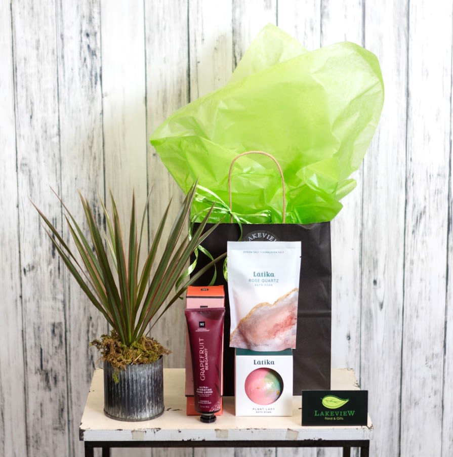 Pampered - Send a thoughtful &quot;thinking of you&quot; gift, with this unique assortment of amazing Latika and Natural Inspirations body care products including; a moisturizing hand crème, a bath bomb, a bath salt soak and a potted plant.  (Why do we love Latika and Natural Inspirations products? They are vegan friendly, contain no artificial chemicals, are proudly made in the USA and are BEAUTIFUL!)  All gift products are beautifully packaged in a gift bag.