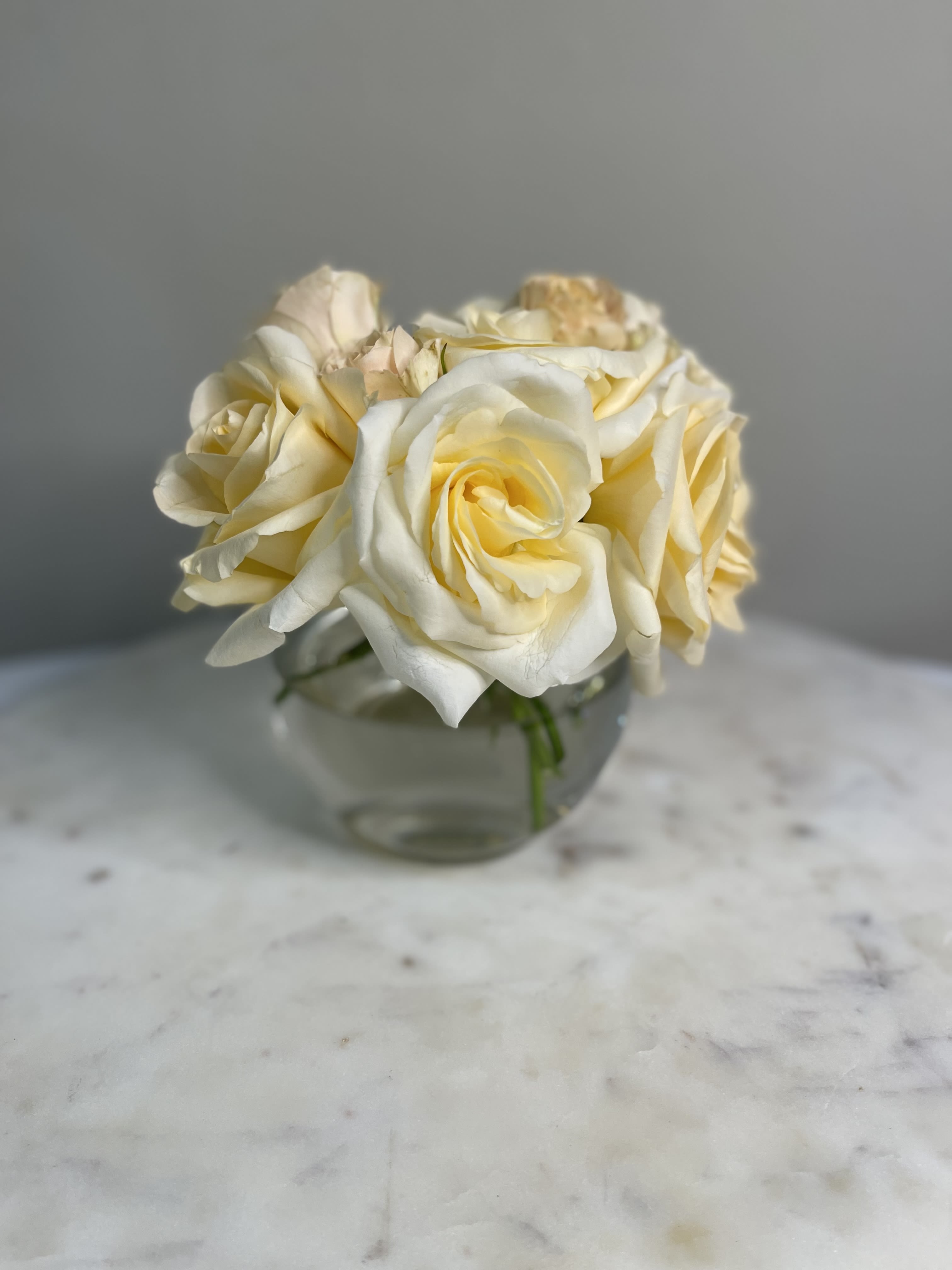 Kiss from Above Kiss from Above - Cream and white roses, spray roses. Deluxe and premium levels include premium seasonal white and cream flowers in a glass globe vase. The arrangement looks like it is a floating cloud. A wonderful gift to display, bathroom floral during a party, or centerpiece for an event! Very versatile!