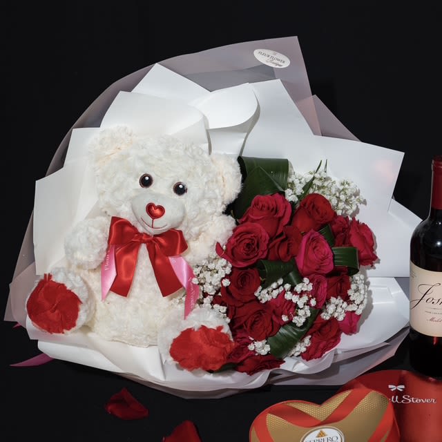 TEDDY MIX BOUQUET - 20 MIX HOT PINK &amp; RED ROSES BOUQUET WITH TEDDY BEAR