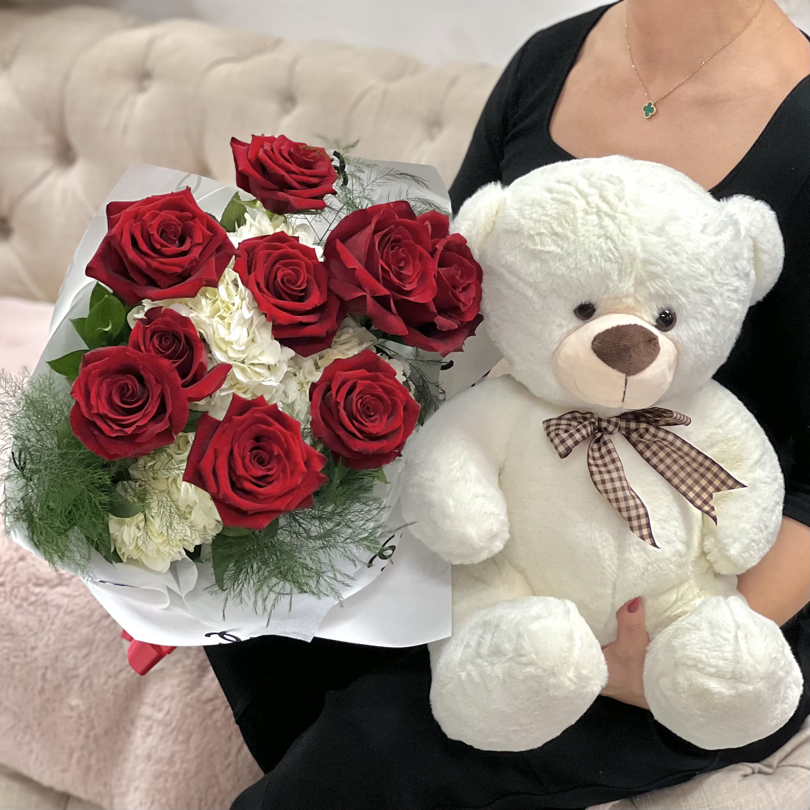 Fresh Rose Bouquet &amp; Teddy Bundle - Fresh red roses, hydrangea and leaf decor hand-tied in floral paper with a plush teddy bear bundle!