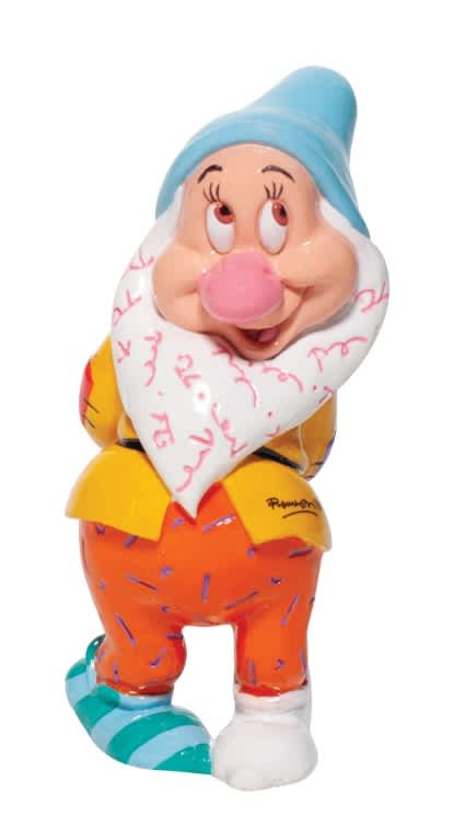 DISNEY- Britto Collection-Mini Bashful-From &quot;Snow White and The Seven Dwarfs&quot;- Disney by Britto - Introduced January 2020 by under Enesco Disney, this 3.5&quot; Bashful Mini is part of the beautiful Collection, &quot;Snow White and The Seven Dwarfs&quot; Designed by pop artist Romero Britto. Britto, captures the spirit of each dwarf in this handmade, high quality stone resin figure, finished with a vibrant and colorful design. Once finished was hand signed by Britto.  Each piece comes in it's own window gift box.. 