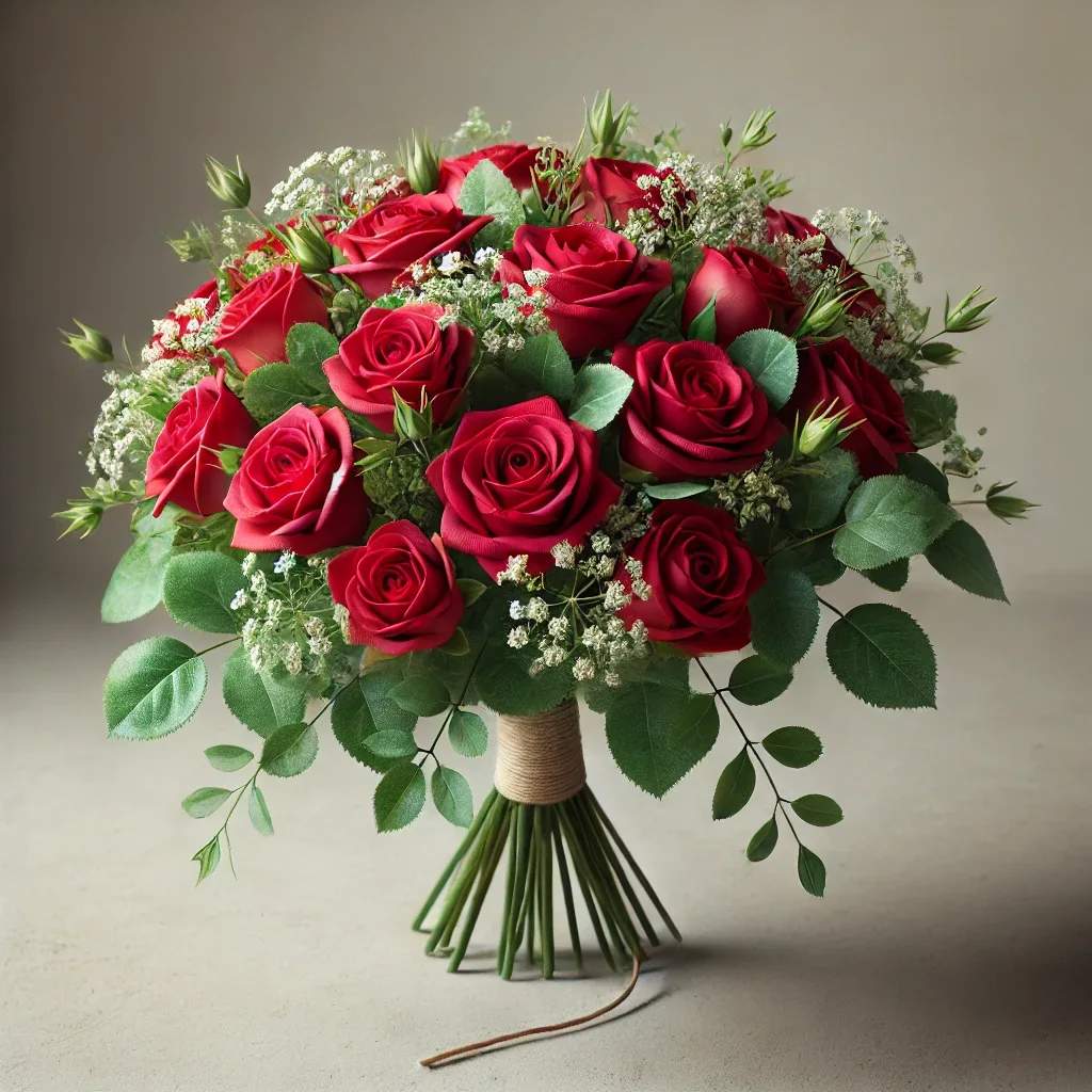 Timeless Elegance Red Rose Bouquet - Capture the beauty of love and affection with our Timeless Elegance Red Rose Bouquet, a stunning arrangement that blends simplicity and sophistication. This bouquet features vibrant, fresh red roses tied together with natural beige twine for a rustic yet elegant touch. Accented with delicate white baby's breath and lush green foliage, this hand-tied bouquet embodies romance and charm.  Whether for Valentine's Day, anniversaries, or simply to say &quot;I love you,&quot; this bouquet is designed to leave a lasting impression. The minimalistic design ensures that the beauty of the roses takes center stage, making it a perfect gift or centerpiece for any special occasion.  Features:  Includes fresh, handpicked red roses with lush green foliage  Accented with delicate white baby's breath  Natural, hand-tied design with beige twine  Perfect for romantic gestures, celebrations, or home décor   Let the Timeless Elegance Red Rose Bouquet express your deepest emotions with classic beauty and style. A gift that will be cherished and remembered. 