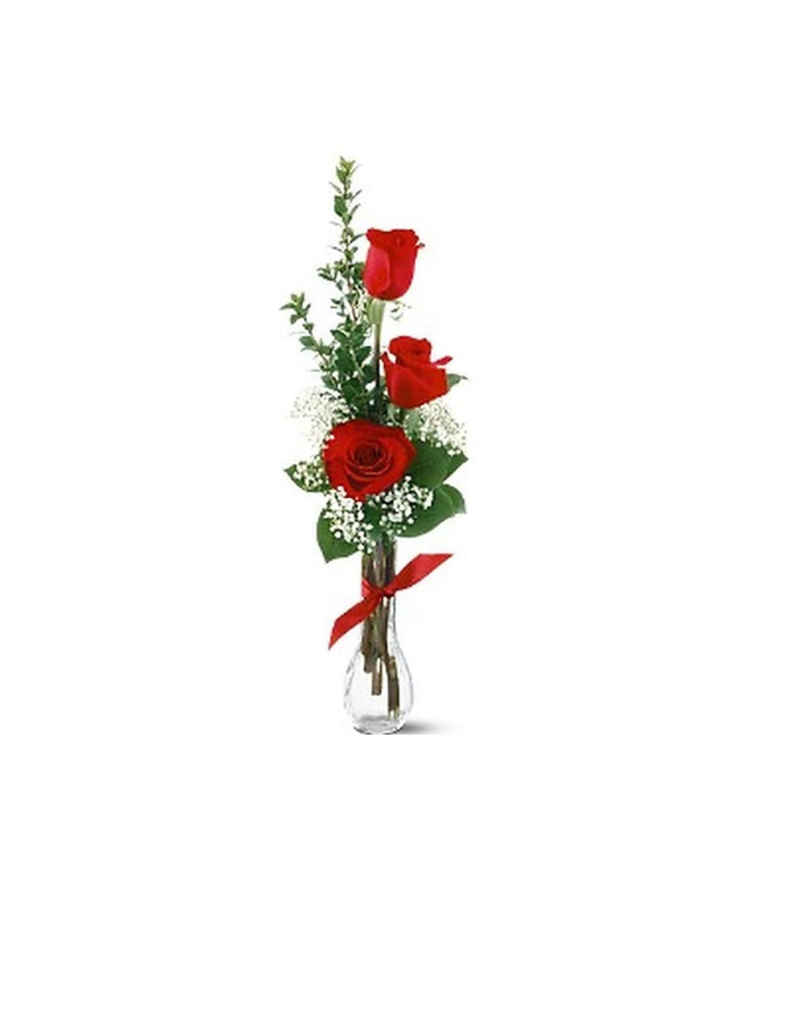 3 RED ROSE SINGLE 3 RED ROSE SINGLE - BOUQUET OF 3 RED ROSES, BABYS BREATH AND GREEN FILLERS IN A TALL AND SLIM VASE TIED WITH RED RIBBON