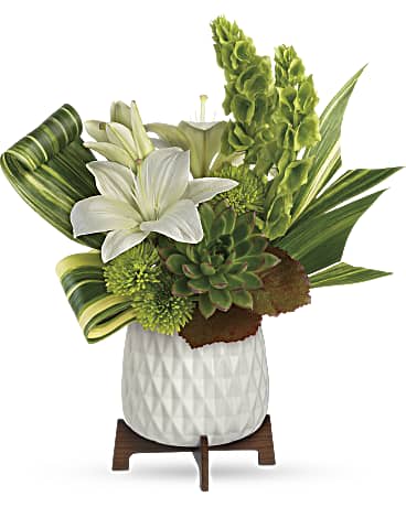 Teleflora's Artistic Angles Bouquet - This artistic arrangement includes white asiatic lilies, green cushion spray chrysanthemums, bells of Ireland, a large green echeveria succulent and a haworthia zebra succulent, variegated aspidistra leaves, and galax leaves. Delivered in a Mid Mod Geometric Planter. This artistic arrangement includes white asiatic lilies, green cushion spray chrysanthemums, bells of Ireland, a large green echeveria succulent and a haworthia zebra succulent, variegated aspidistra leaves, and galax leaves. Delivered in Teleflora's Mid Mod Geometric Planter.