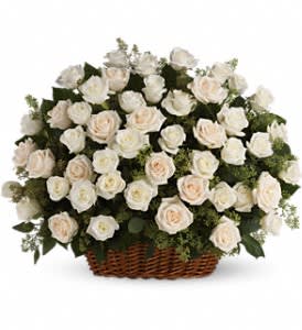 Bountiful Rose Basket Bountiful Rose Basket - A beautiful, bountiful basket of luminous white roses that feels so fresh, natural, and welcomed in a home or at a service. White and crème roses with fragrant seeded eucalyptus beautifully presented in a large basket. Approximately 25" W x 20 1/2" H Orientation: One-Sided