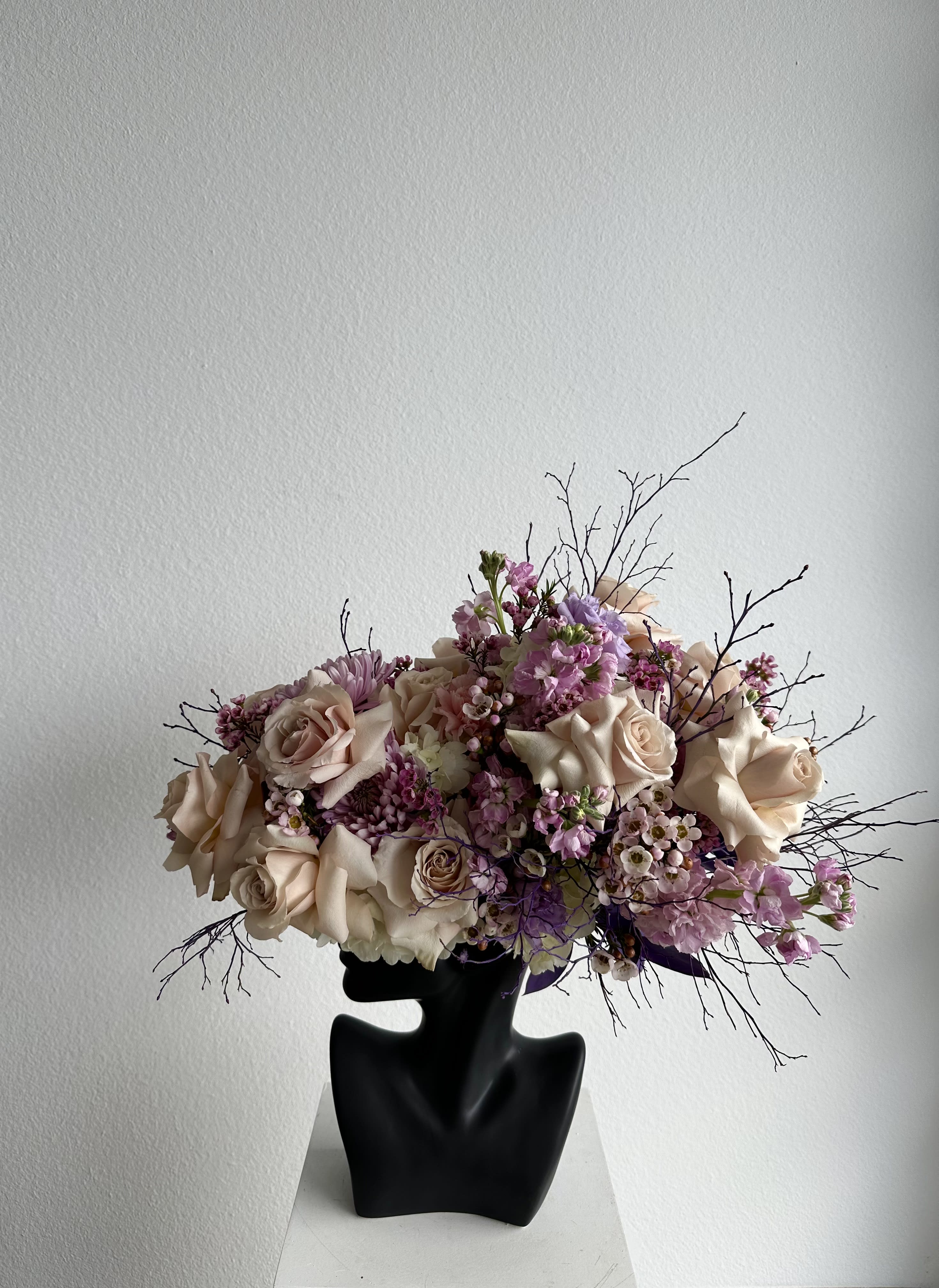 Purple Beauty Vase - This beautiful arrangement is filled with beige roses, stock and greens to deliver your special message to your special someone.  Perfect for any occasion. You can choose different color of the vase  Arrangement includes: roses Vase Custom greeting card