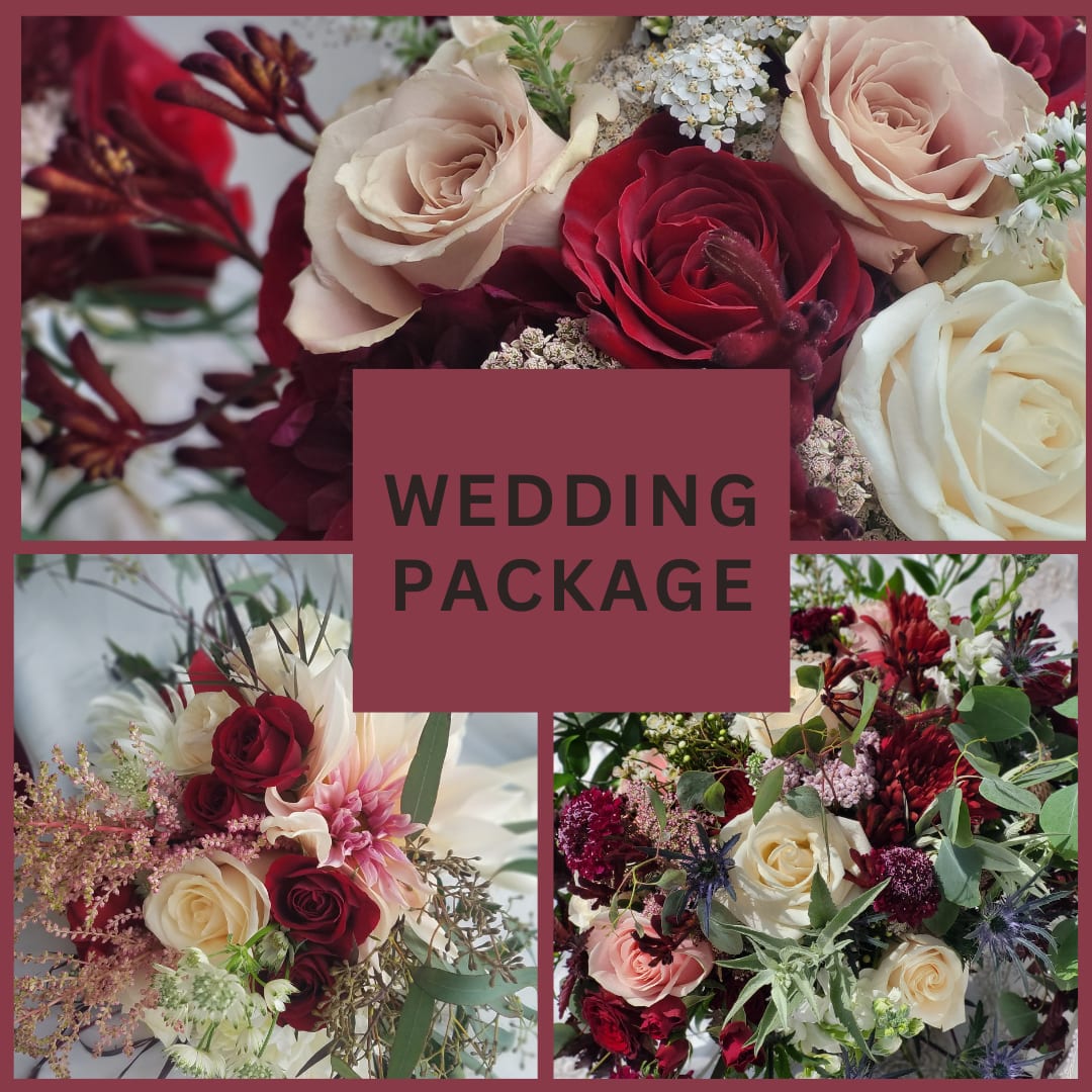 Wedding Package - Burgundy, Blush, Ivory Garden Style - The enchanting blend of burgundy, blush, and ivory blooms creates a stunning array perfect for beautiful wedding bouquets, offering an exquisite harmony that delights the senses.This combination isn't just visually appealing; it evokes a feeling of timeless beauty and understated grace.  The interplay of deep and light hues creates depth and texture, making each floral arrangement a work of art that speaks to the delicate and lasting nature of love. This package showcases the finest blooms available, carefully selected to create the perfect color palette and style for your event. The standard package includes 1 Bridal bouquet, 2 bridesmaid bouquets, 2 pin on corsages and 5 boutonnieres. The deluxe package includes 1 Bridal Bouquet, 4 bridesmaid bouquets, 4 pin on corsages and 9 boutonnieres. The premium package includes 1 Bridal Bouquet, 6 bridesmaid bouquets, 6 pin on corsages, 13 boutonnieres, a bag of roses petals and 8 coordinating centerpieces.  Wedding packages must be ordered at least 6 weeks in advance and are available for pick up only in our shop. We suggest picking up the wedding flowers on the morning of your wedding to ensure they are as fresh as possible for your wedding day. Additonal items may be purchased from our a la carte selection to complete your wedding day needs.