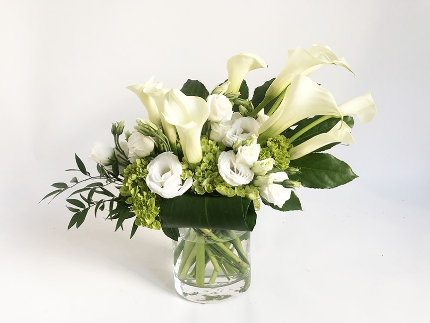 Seaport - A very elegant design, featuring calla lily, white lisanthus and green hydrangea.